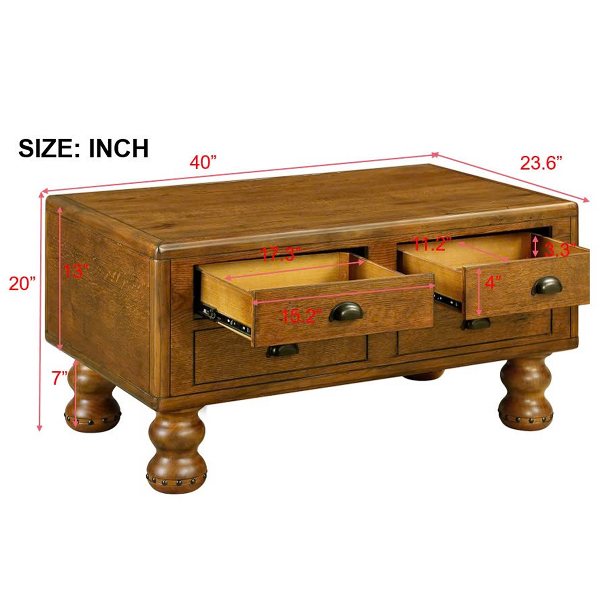 Oak coffee table with four drawers and ornate turned legs