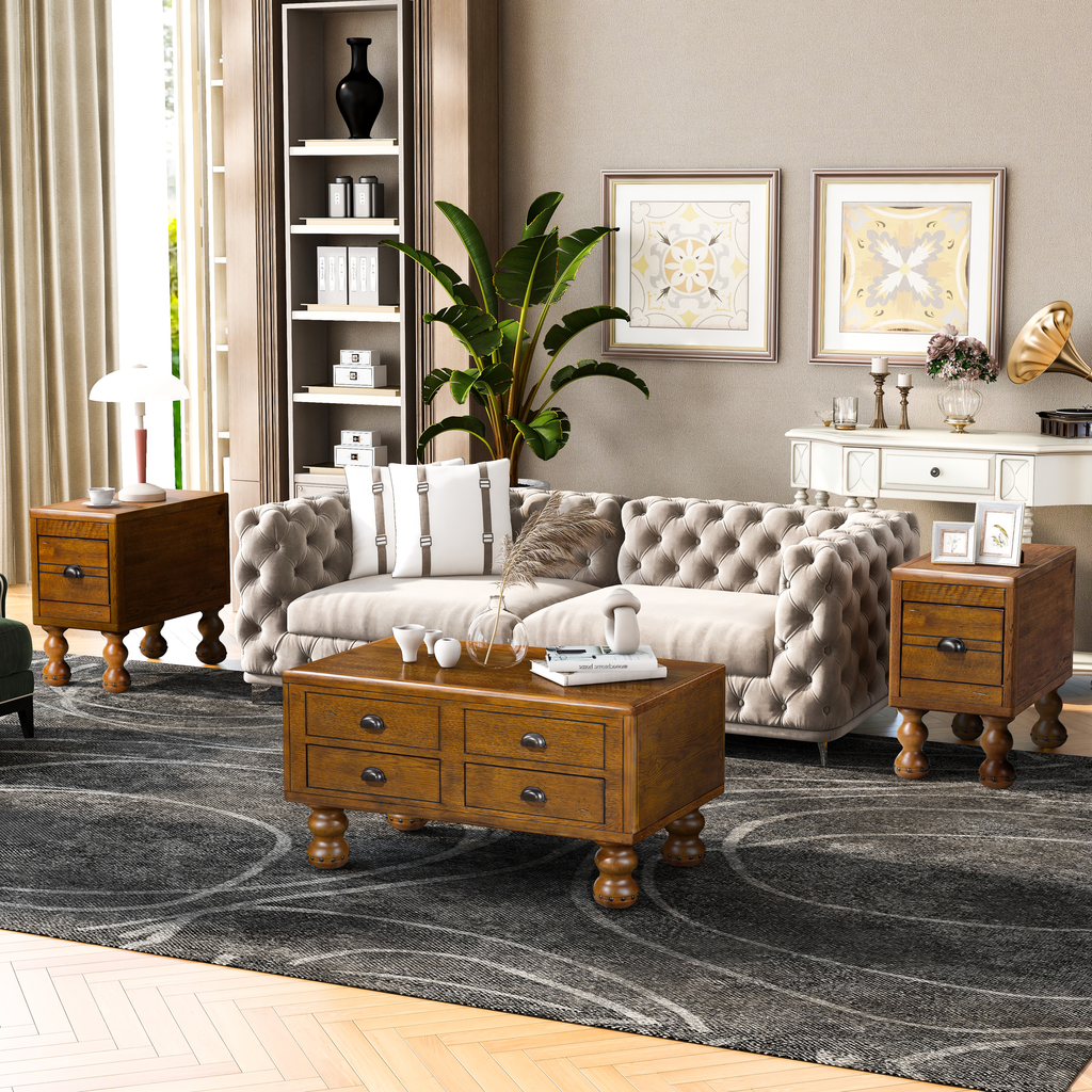 Tufted beige velvet sofa with decorative pillows