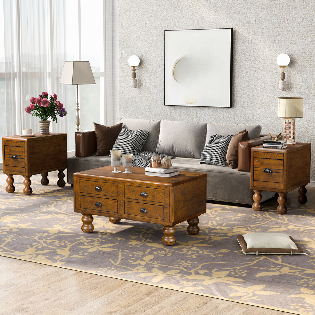 Brown wooden coffee table with four drawers and decorative legs
