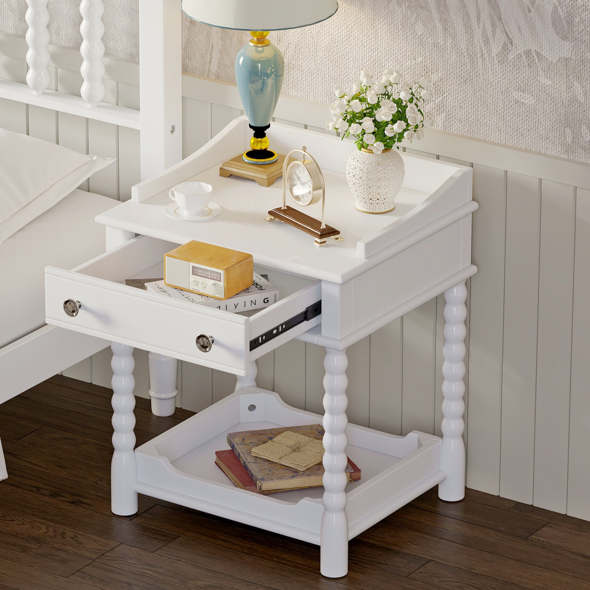 White bedside table with bobbin legs