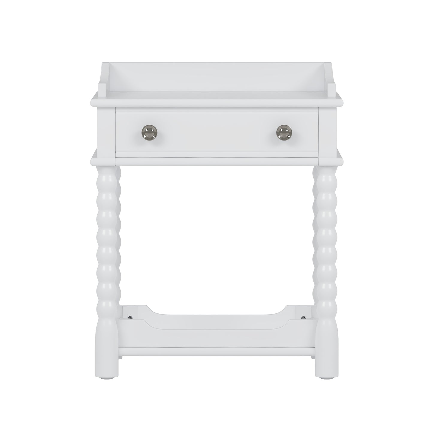 White wooden nightstand with two drawers and decorative turned legs