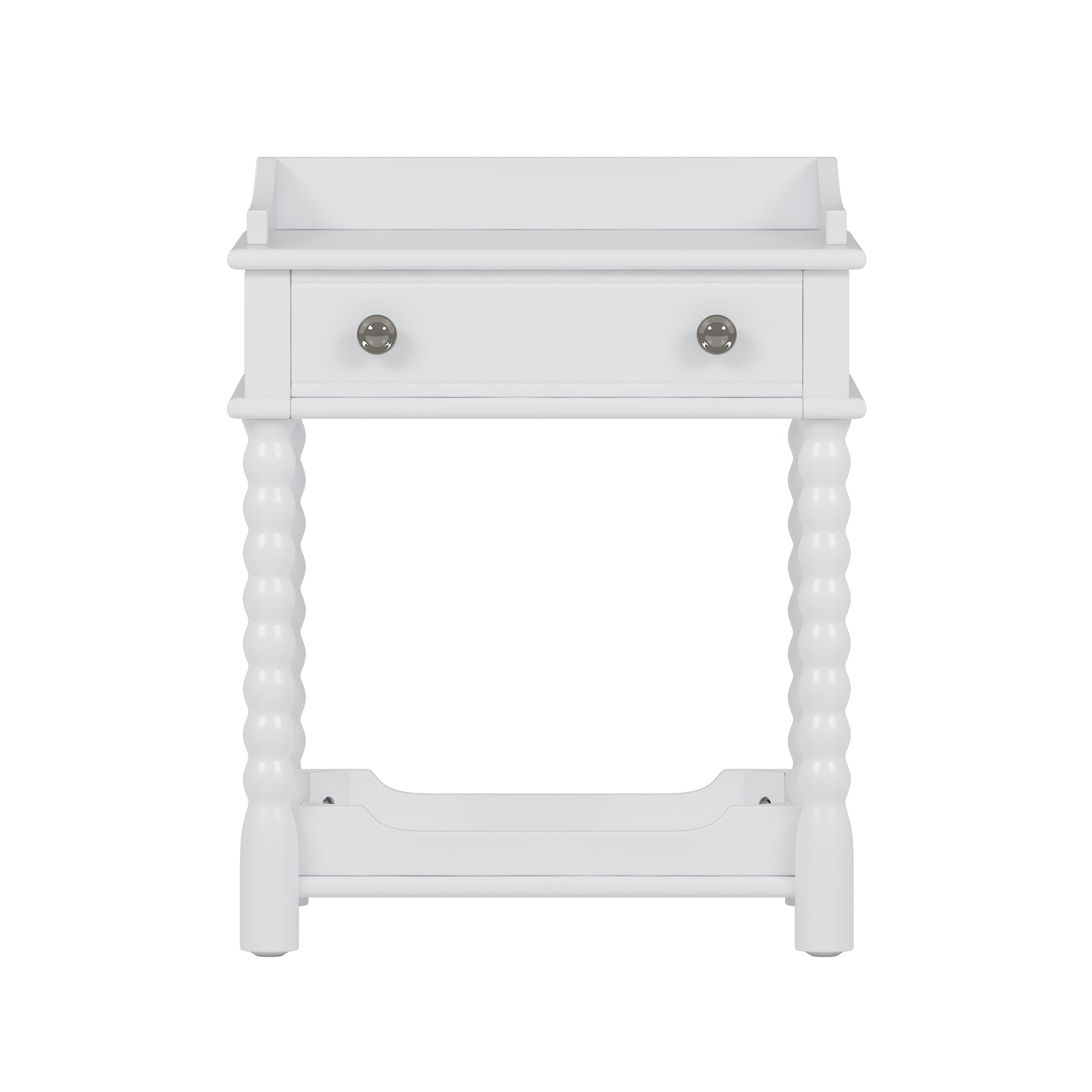 White wooden nightstand with two drawers and decorative turned legs