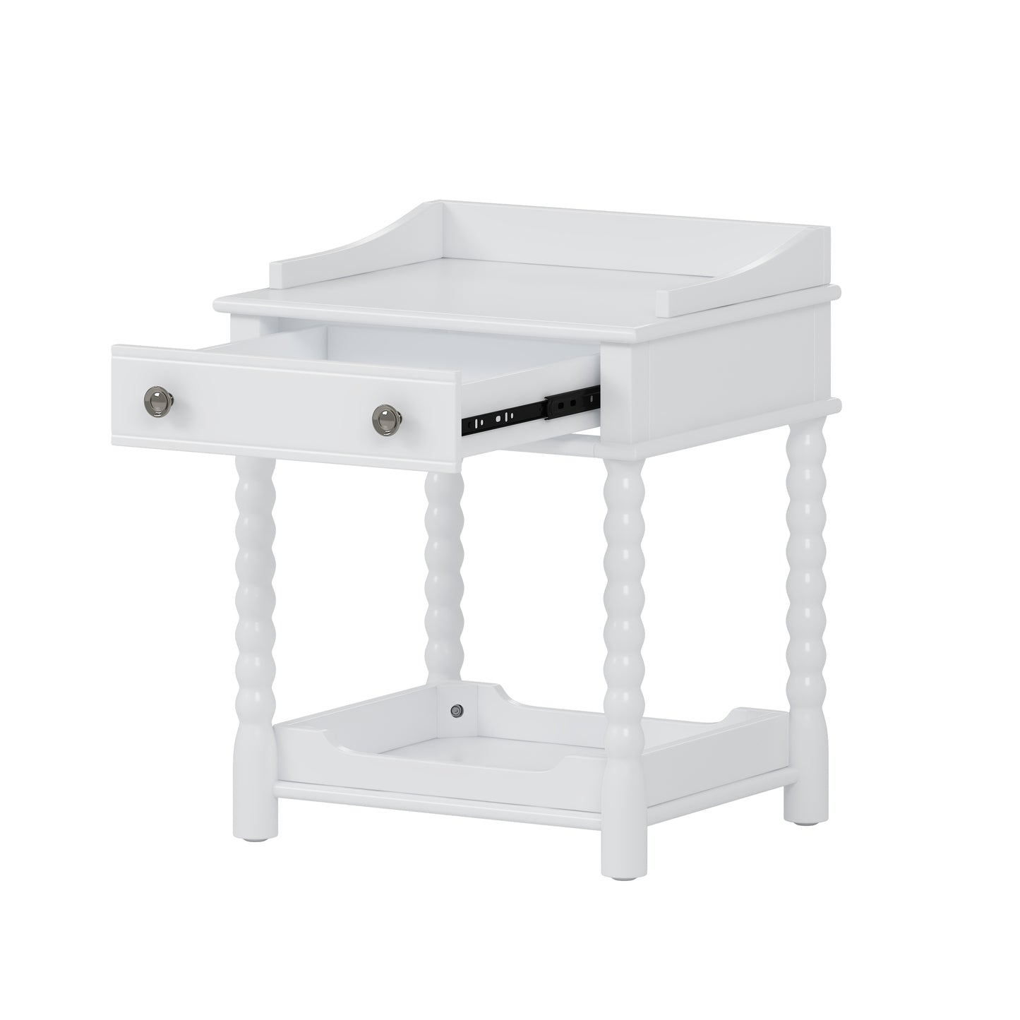 White wooden nightstand with a turned leg and an open drawer revealing metal drawer slides