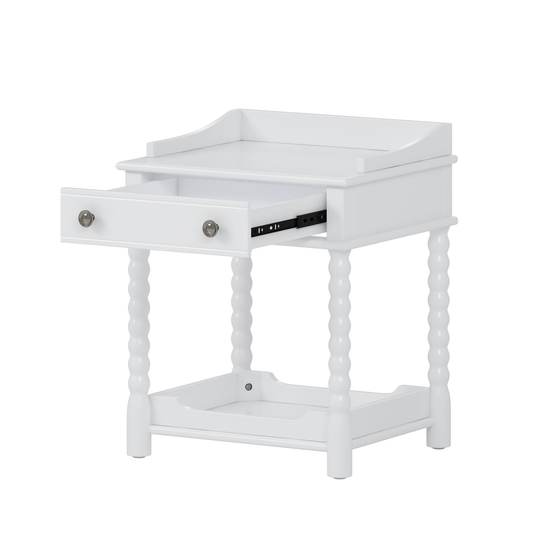 White wooden nightstand with a turned leg and an open drawer revealing metal drawer slides