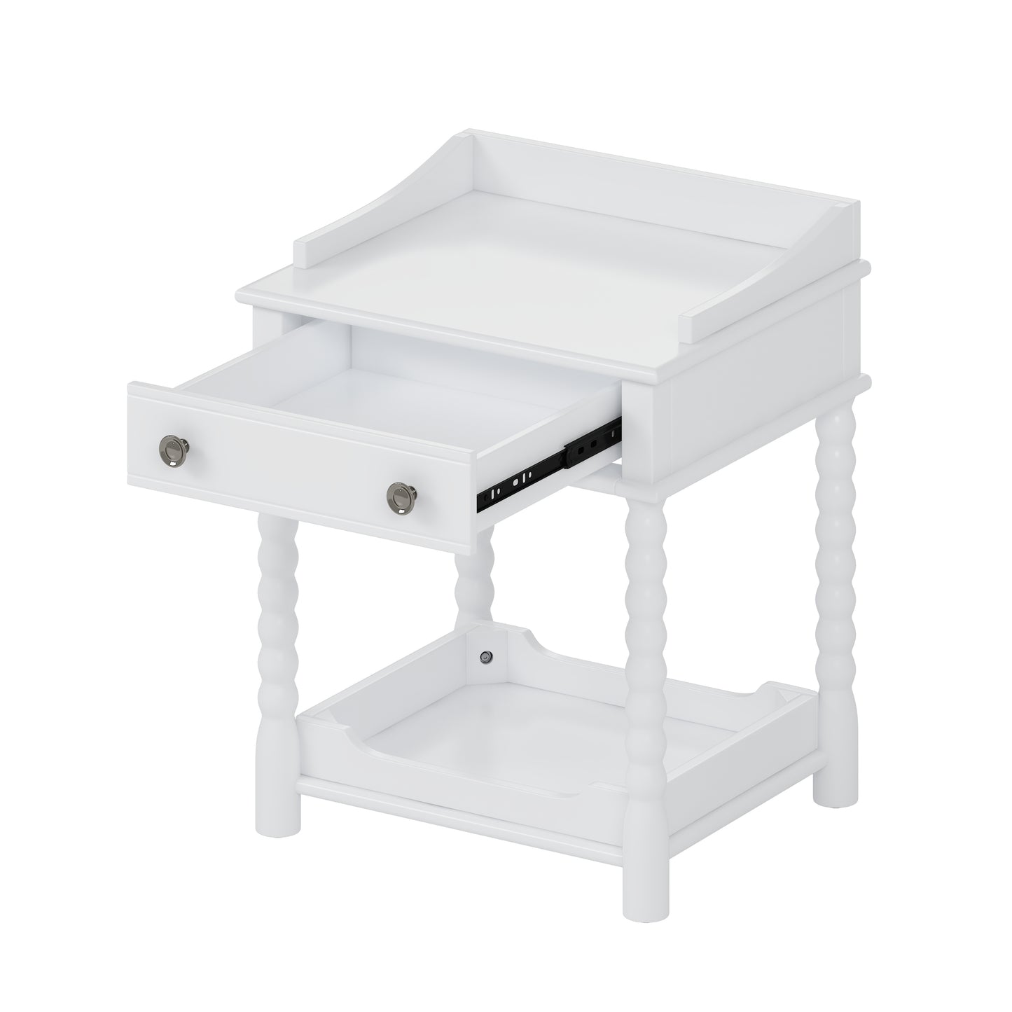 White wooden bedside table with one open drawer and a lower shelf