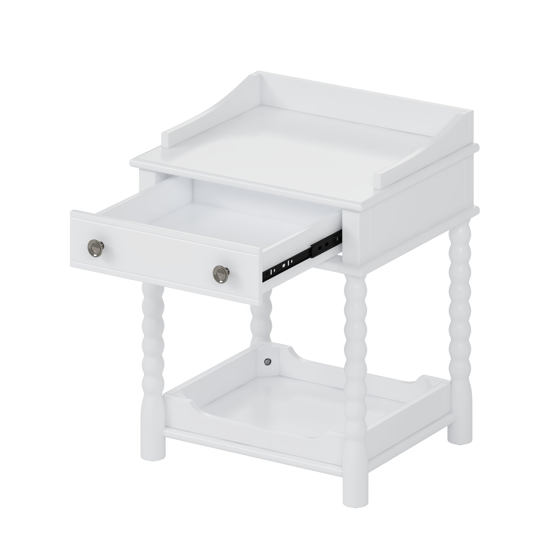 White wooden bedside table with one open drawer and a lower shelf