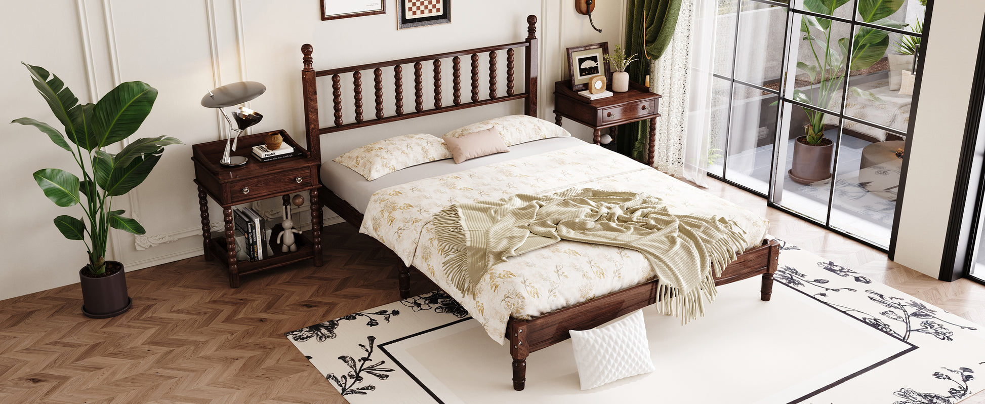 Dark wood spindle bed frame with floral bedding and beige throw
