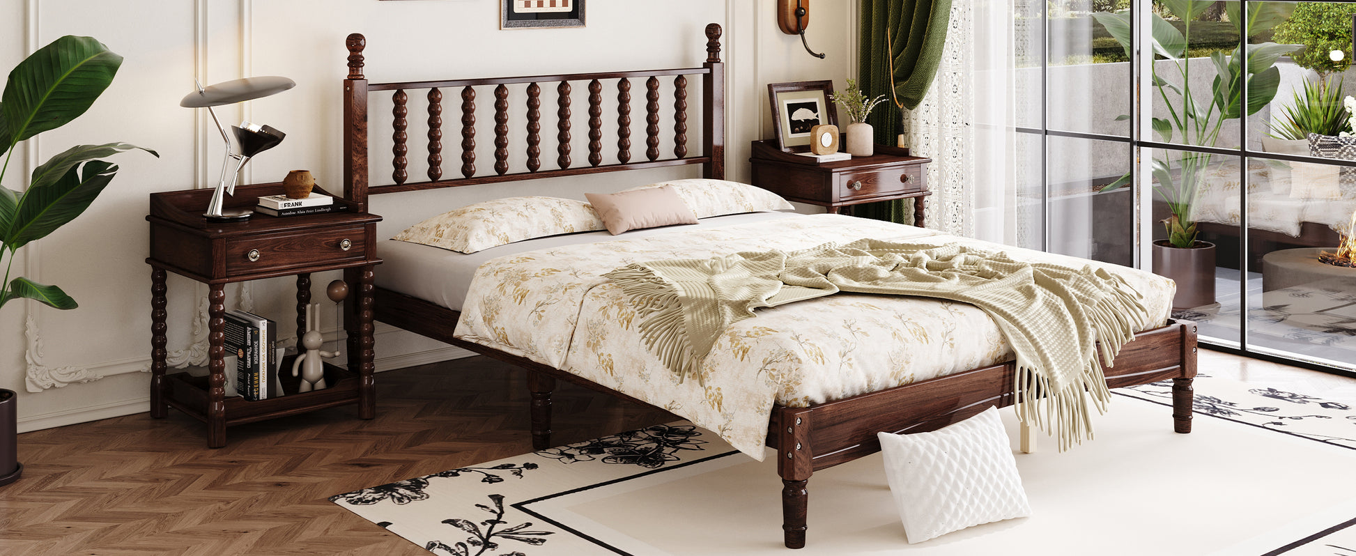 Dark wood spindle bed frame with floral bedding and cream throw