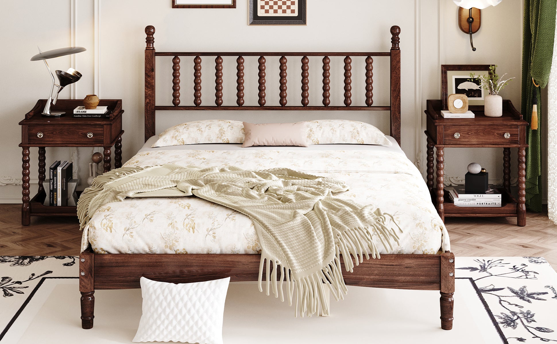 Dark wood spindle headboard bed with floral bedding and cream throw