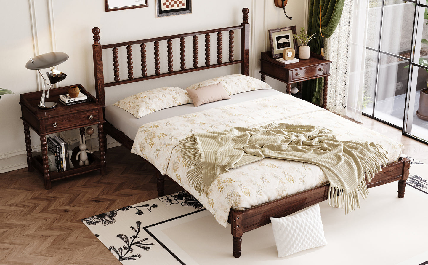 Dark wood spindle headboard bed frame with floral bedding