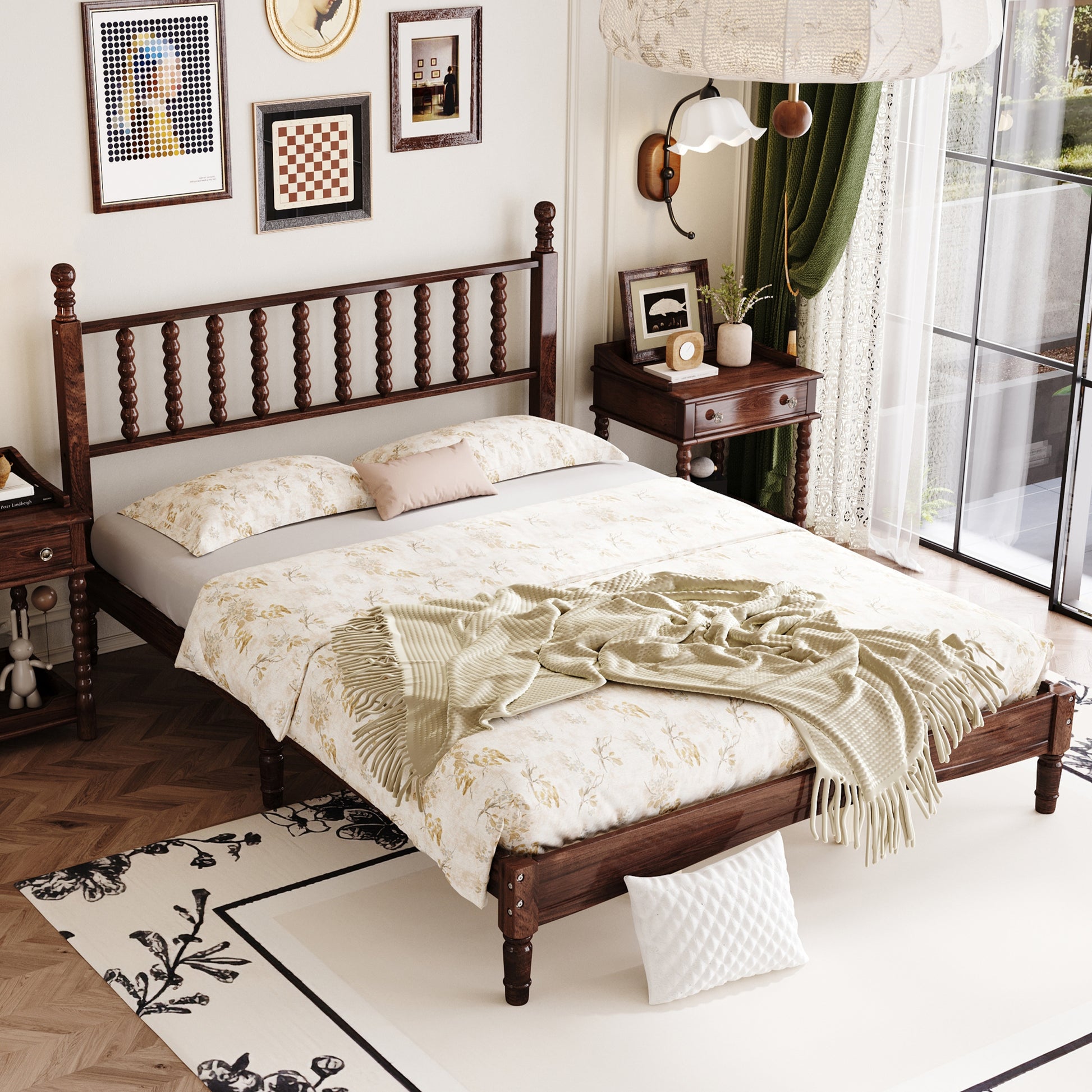 Dark wood spindle bed frame with floral bedding and knit throw