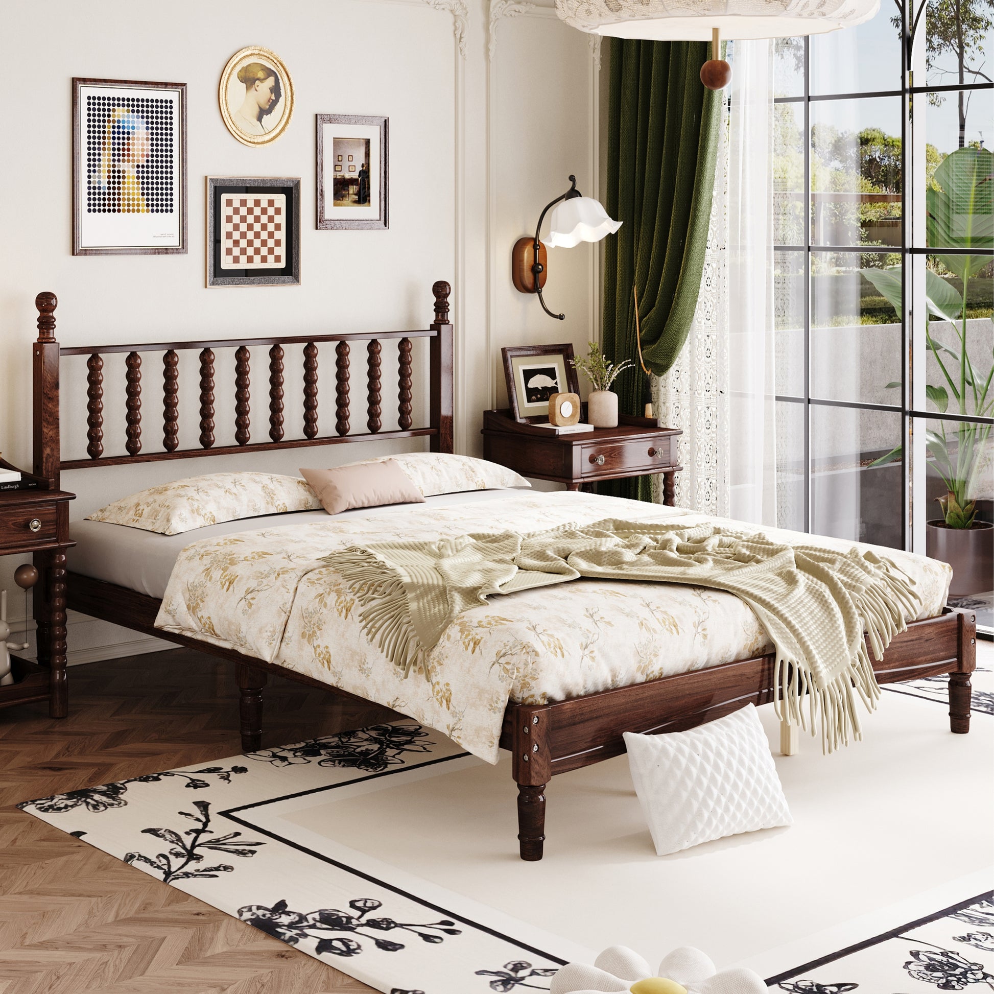 Dark wood spindle bed frame with floral bedding and cream throw