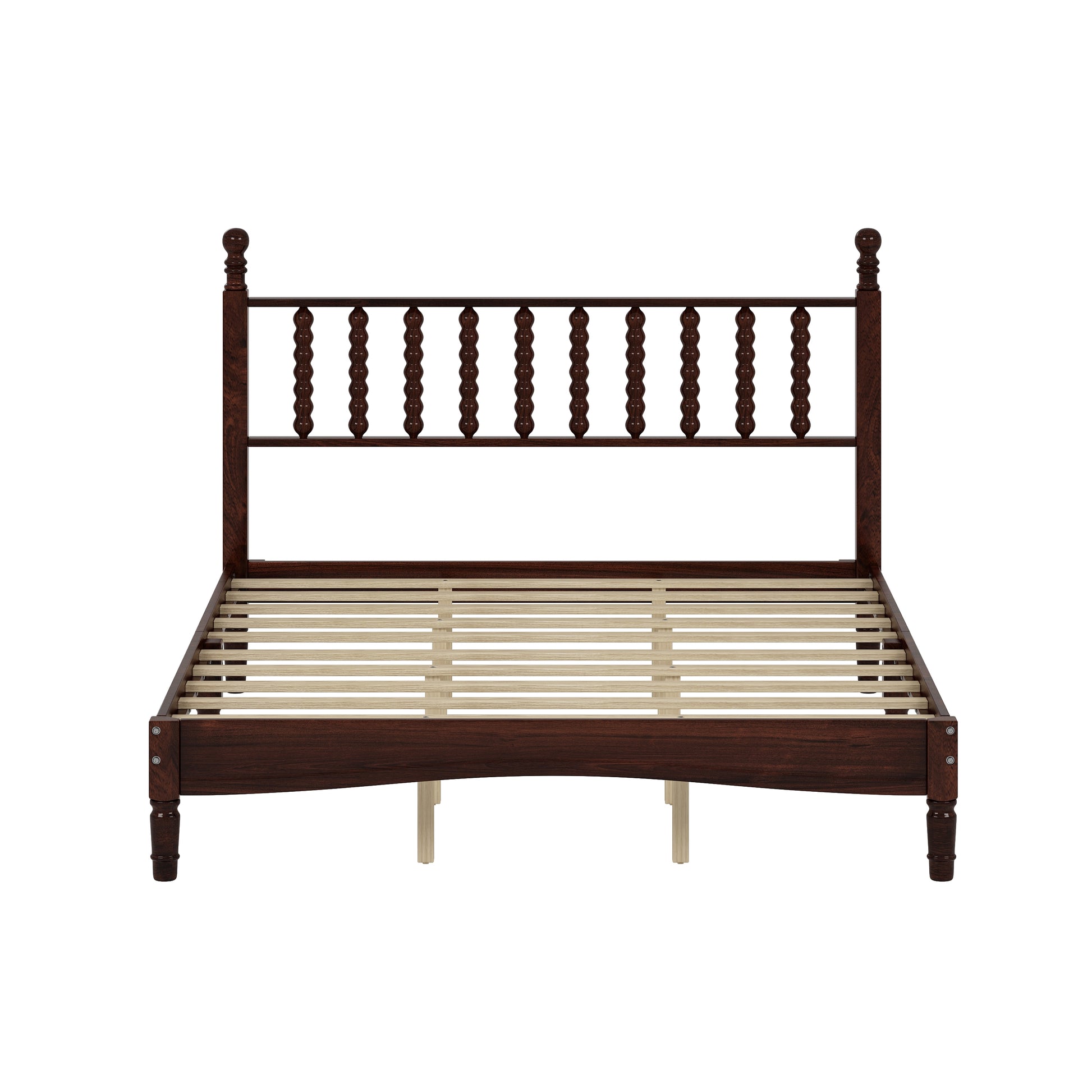 Dark wood spindle headboard bed frame with slat support
