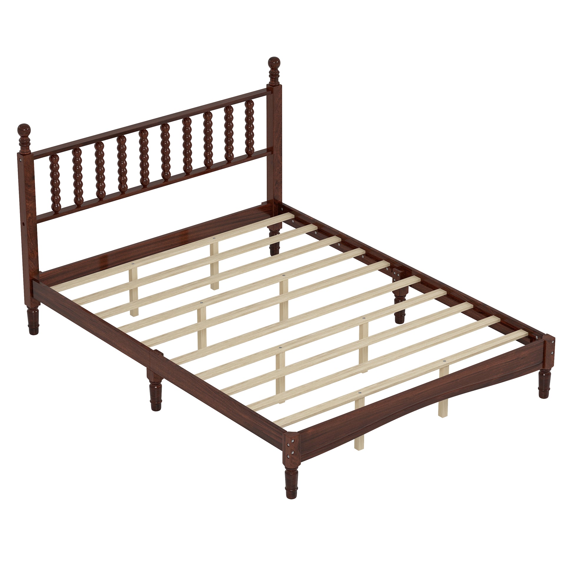 Dark wood spindle headboard bed frame with slatted support