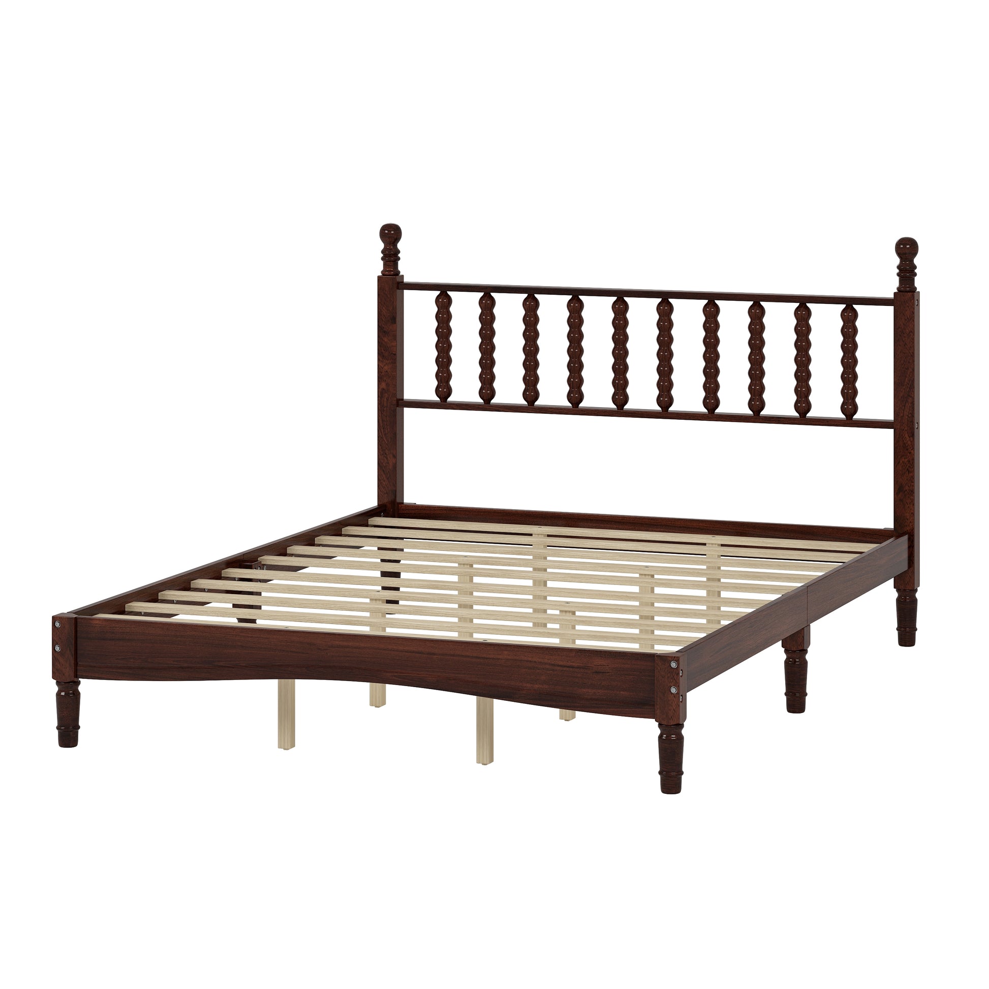 Dark brown wooden bed frame with slatted base and spindle headboard