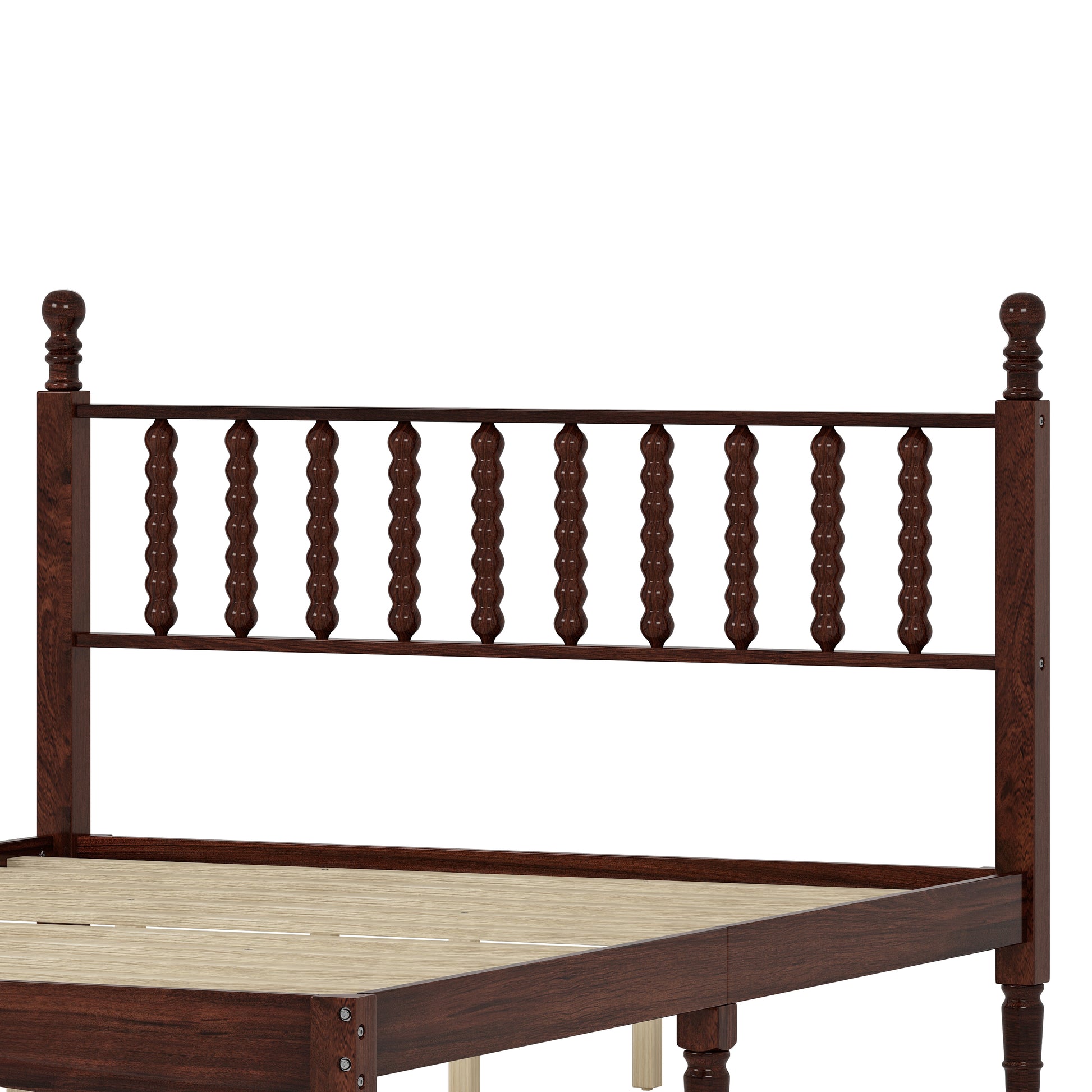 Dark wood spindle bed frame with ornate finials