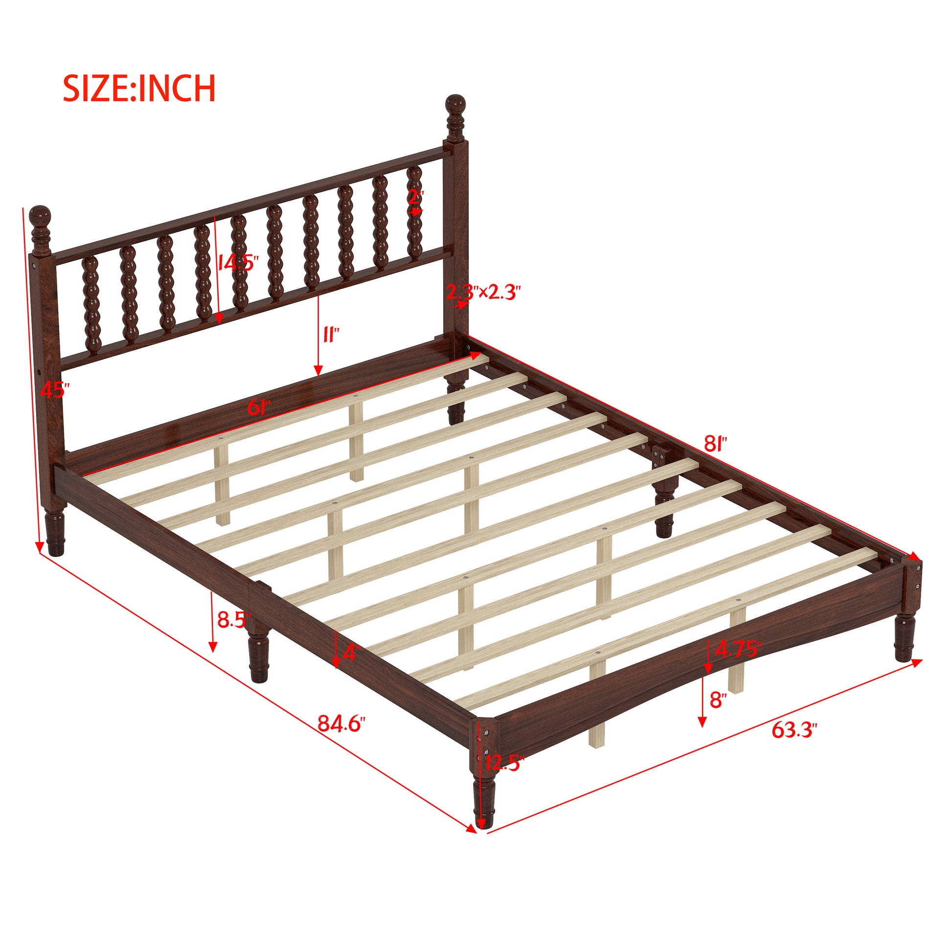 Dark wood spindle bed frame with dimensions shown