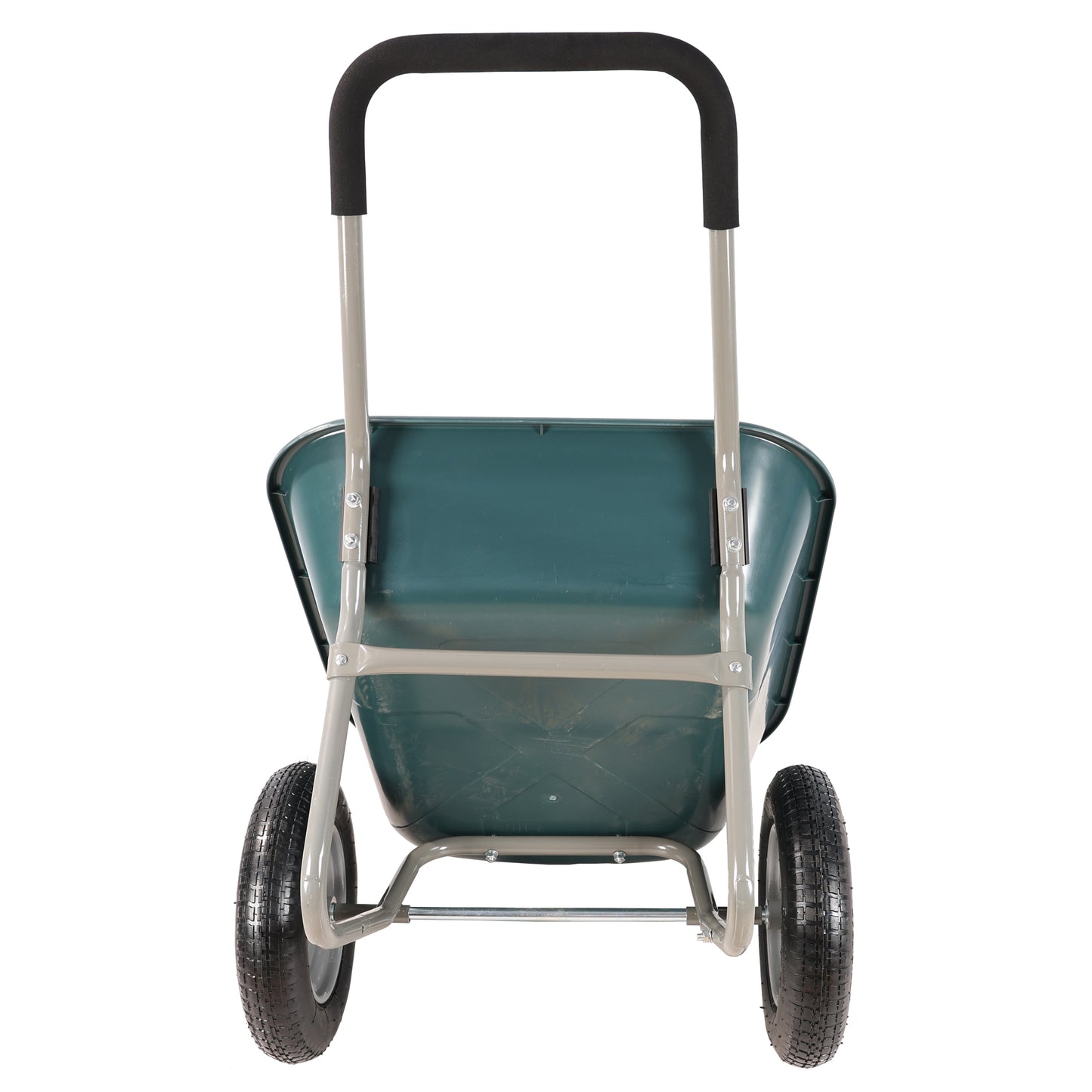Green twinwheel garden cart with padded handles and grey metal frame