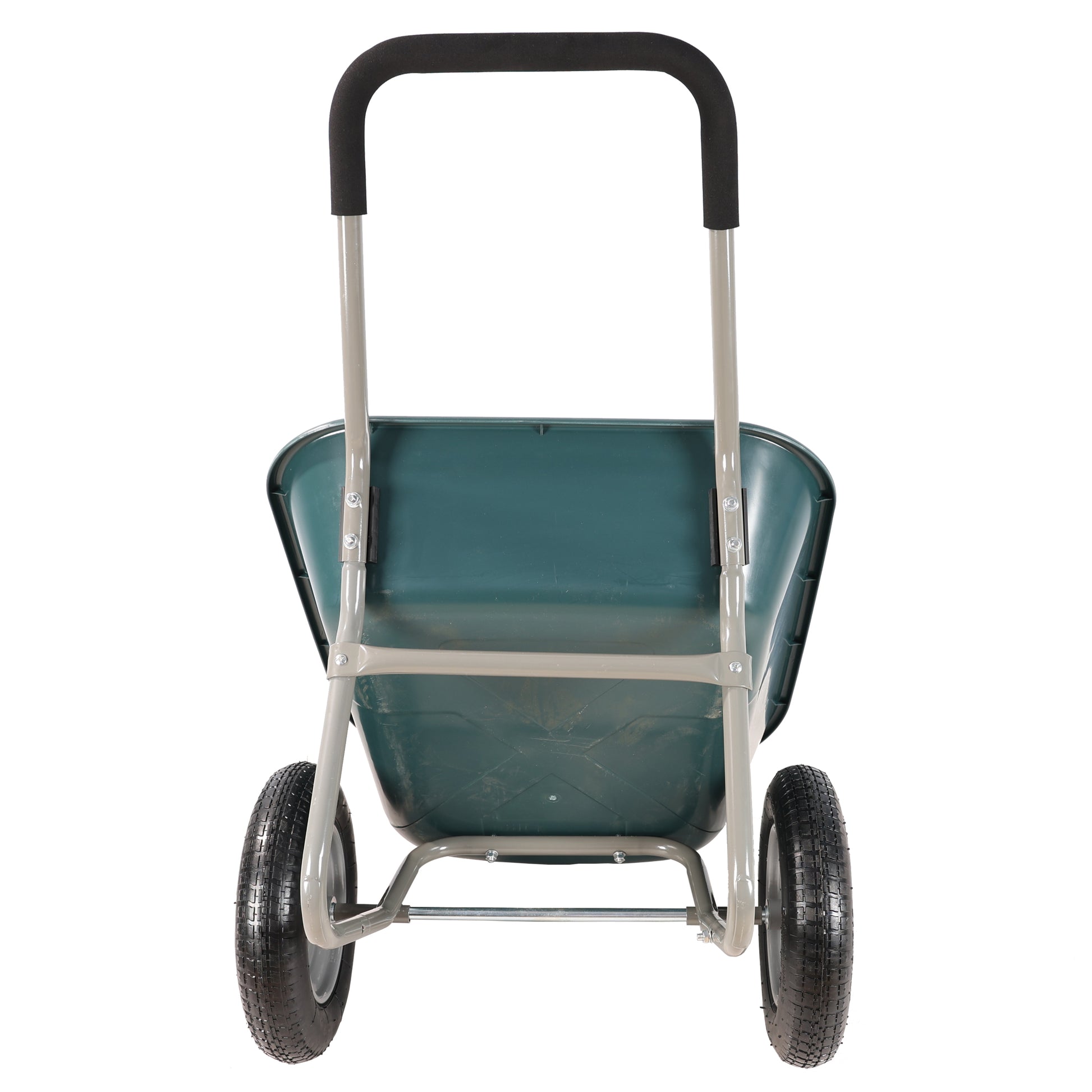 Green twinwheel garden cart with padded handles and grey metal frame