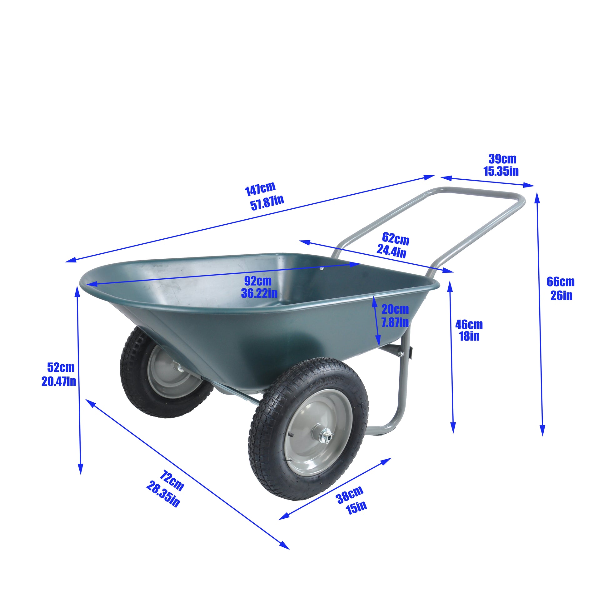 Green dualwheel wheelbarrow with metal frame and handles