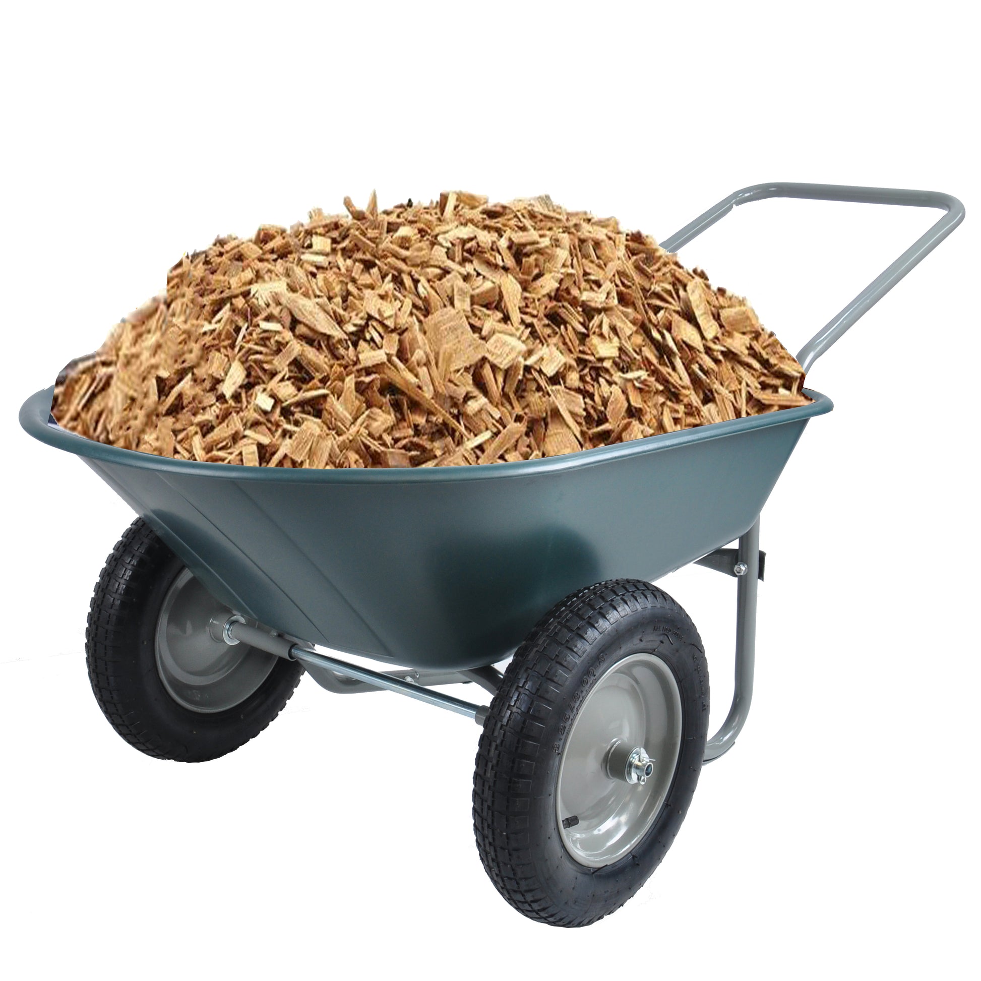 Dark green plastic wheelbarrow filled with wood chips for landscaping
