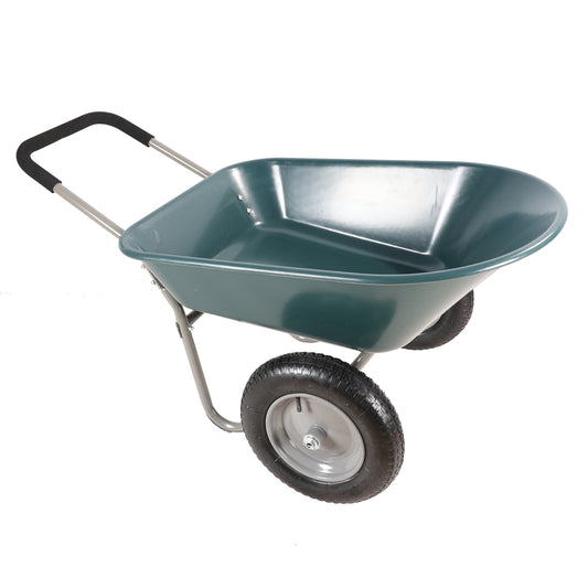 Deep green plastic garden wheelbarrow with sturdy metal frame and comfortable black handle