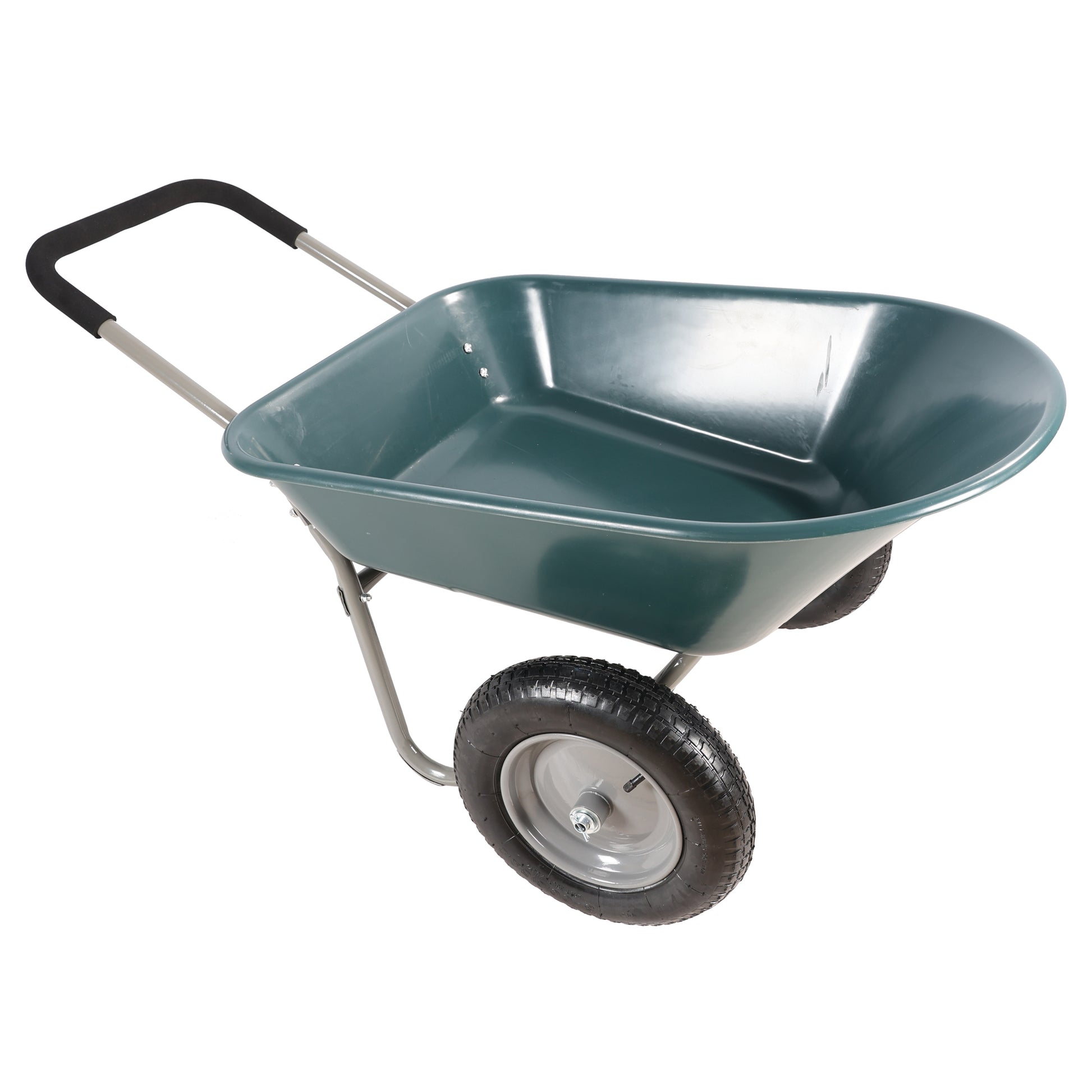 Green plastic wheelbarrow with comfortable black foam handles and one pneumatic tire
