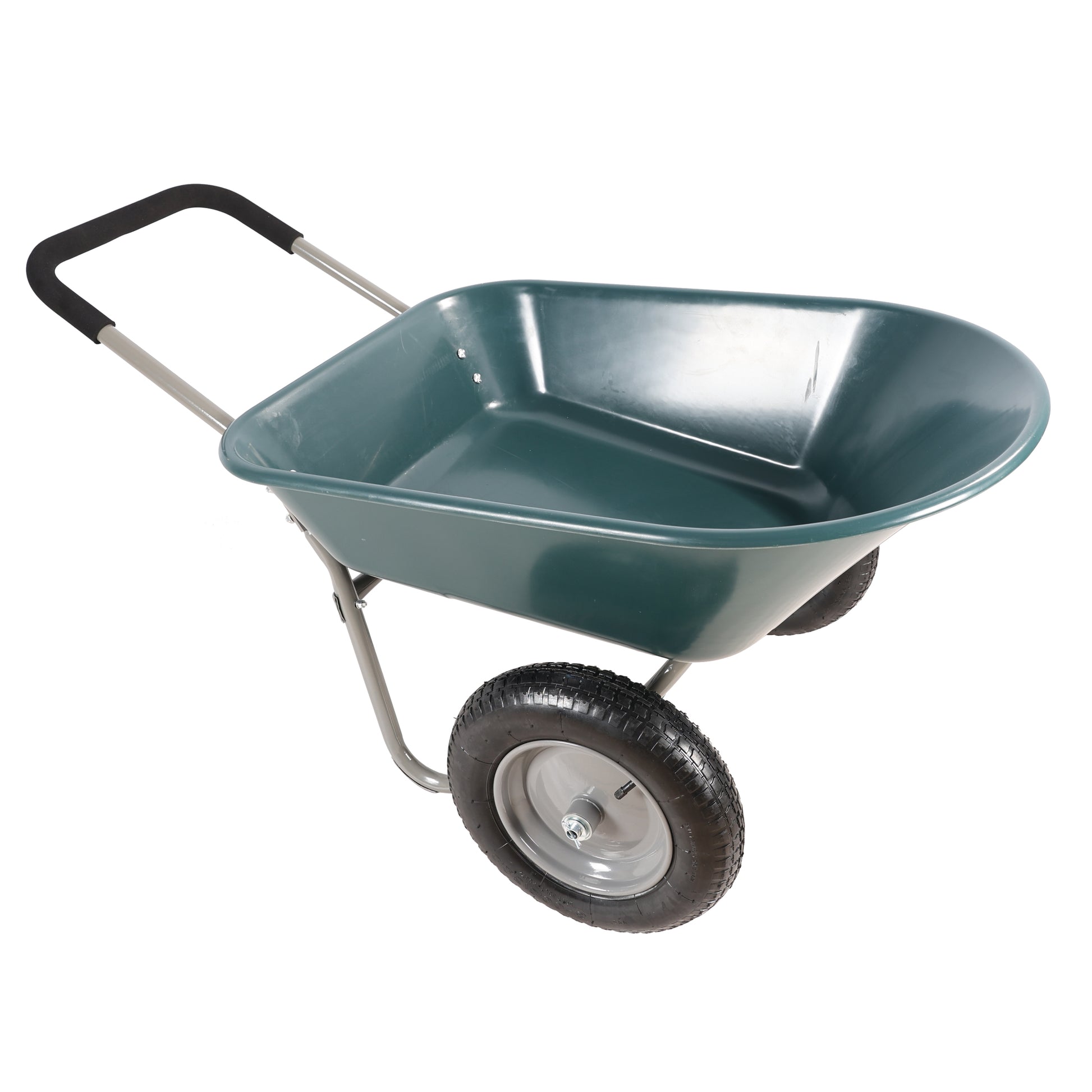Dark green plastic wheelbarrow with gray metal frame and single pneumatic tire