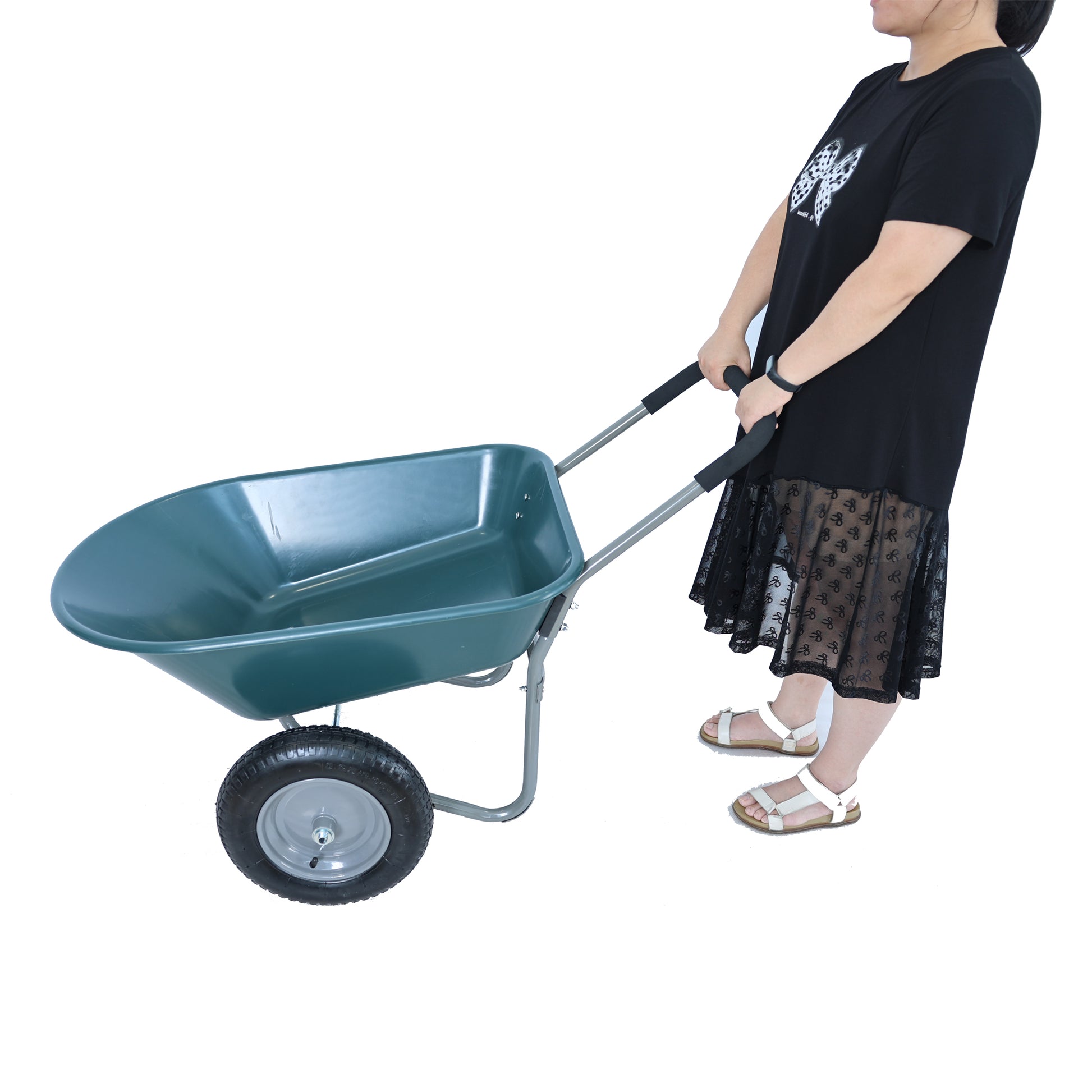 Deep green durable plastic wheelbarrow with gray metal frame and black handles
