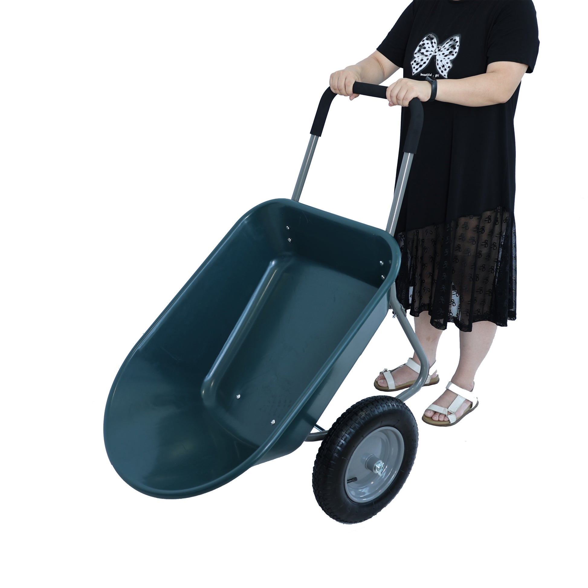 Dark green plastic wheelbarrow with two wheels and padded handles for garden use