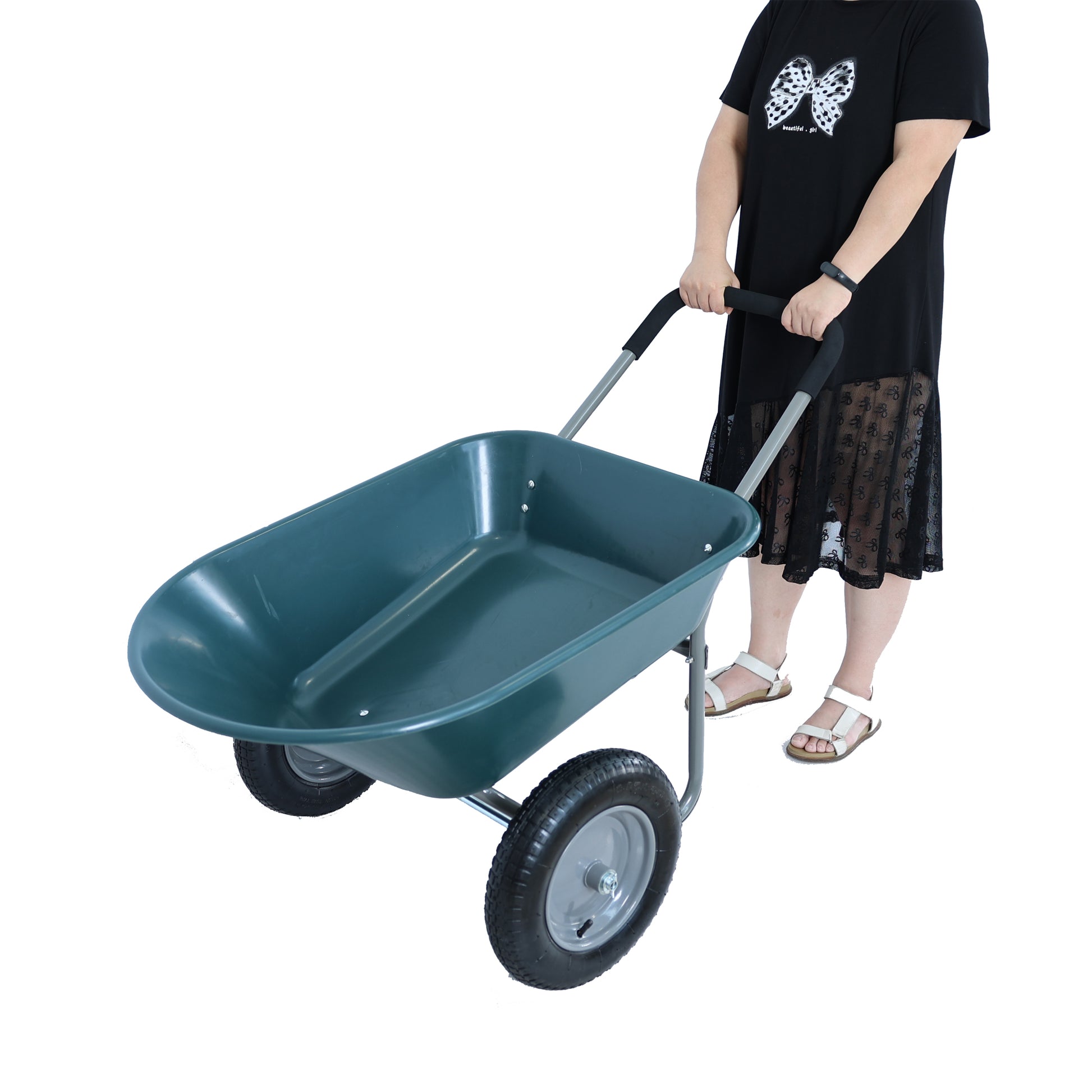 Deep green plastic garden wheelbarrow with two wheels and ergonomic handles