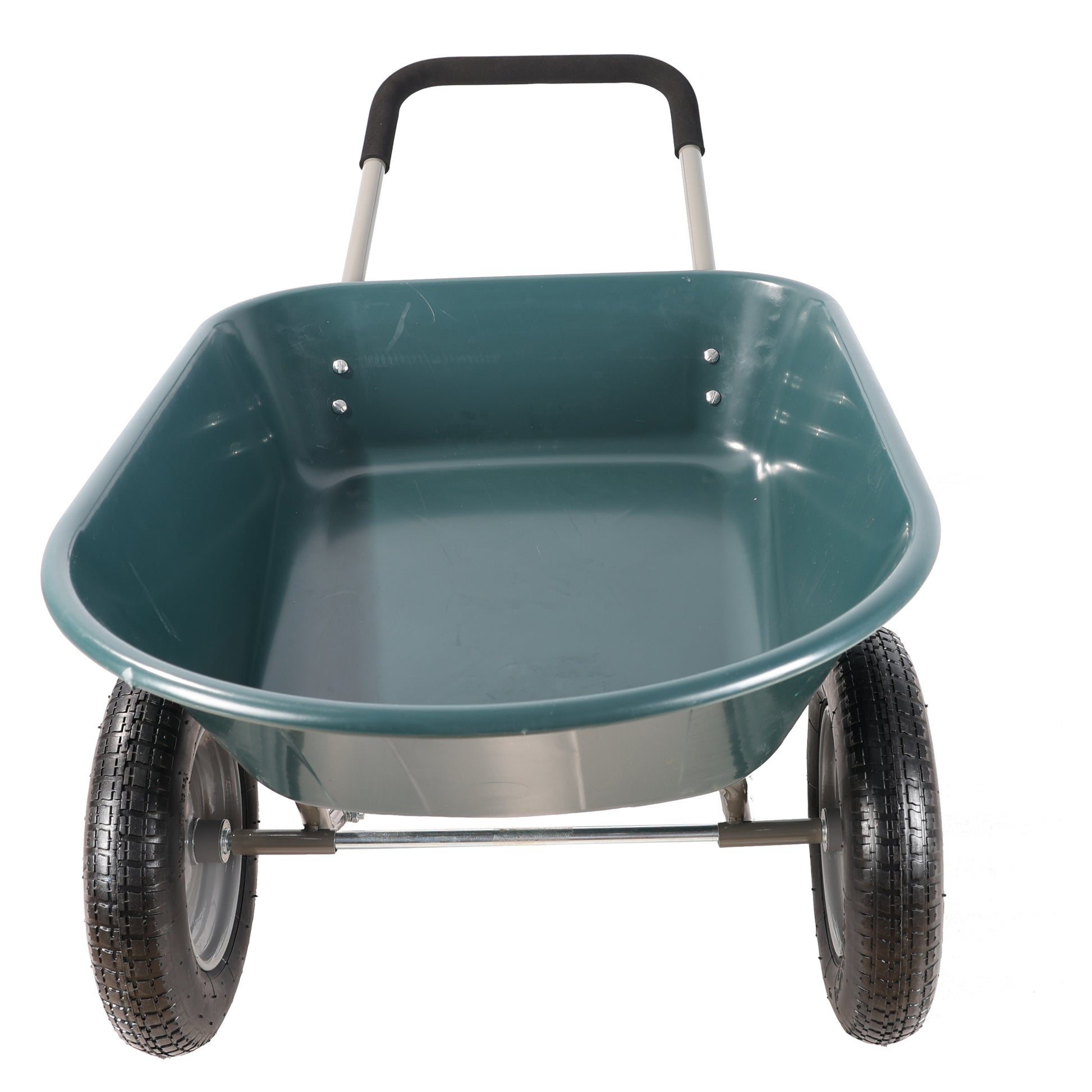 Green plastic wheelbarrow with two wheels and comfortable grip handle for gardening tasks