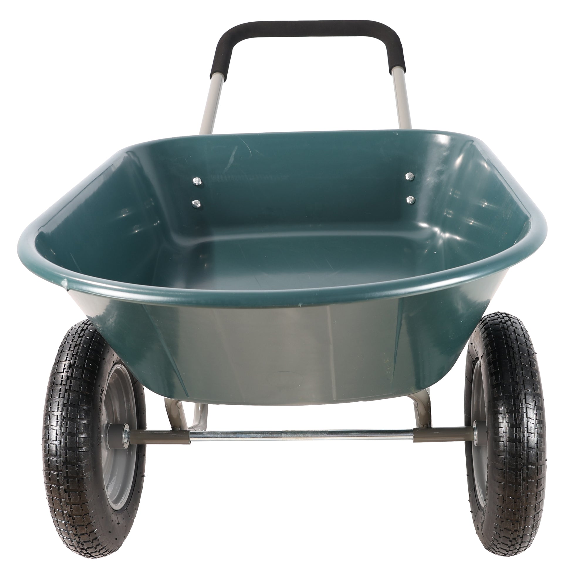 Green plastic garden wheelbarrow with two pneumatic tires and padded handle