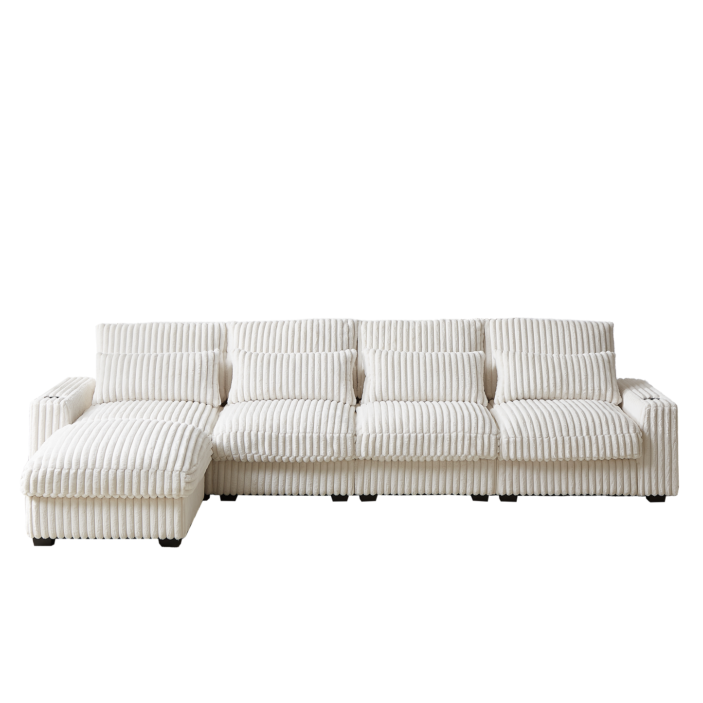 Plush white corduroy sectional sofa with deep seats and ample cushions for ultimate comfort