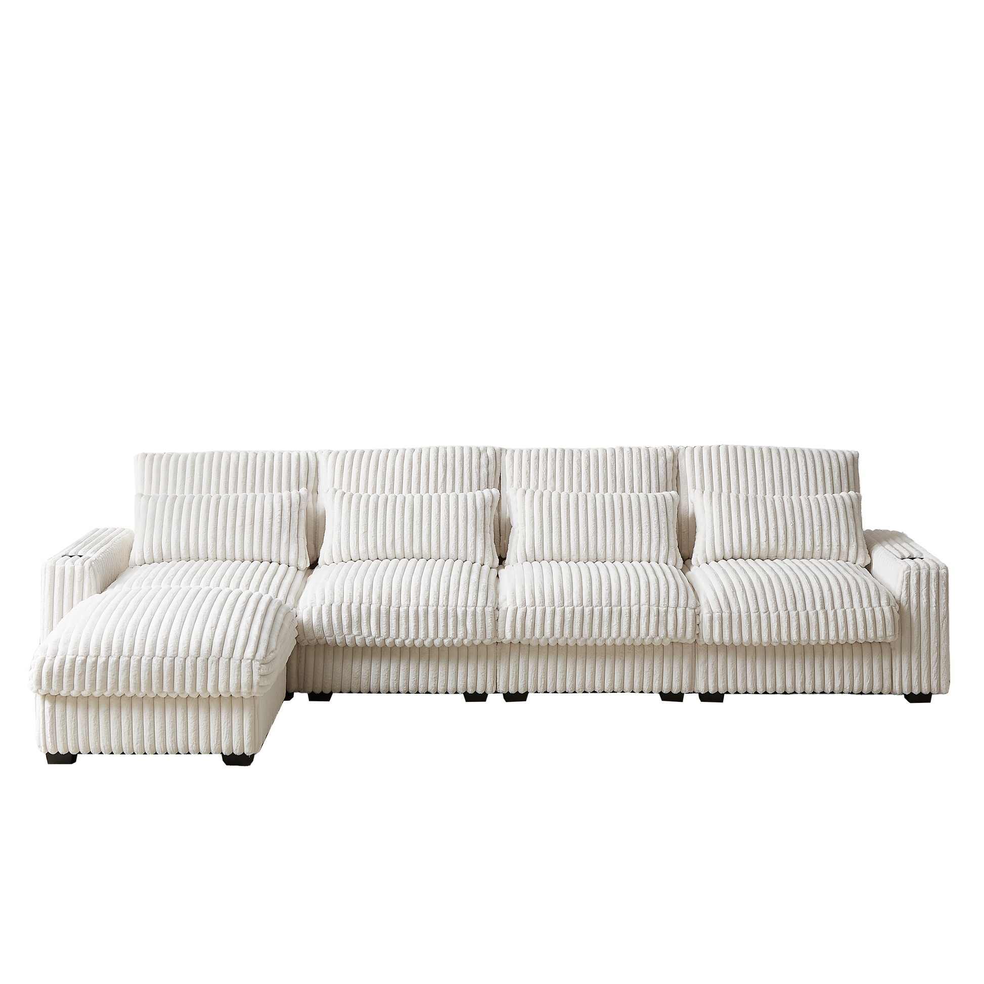 Plush white corduroy sectional sofa with deep seats and ample cushions for ultimate comfort