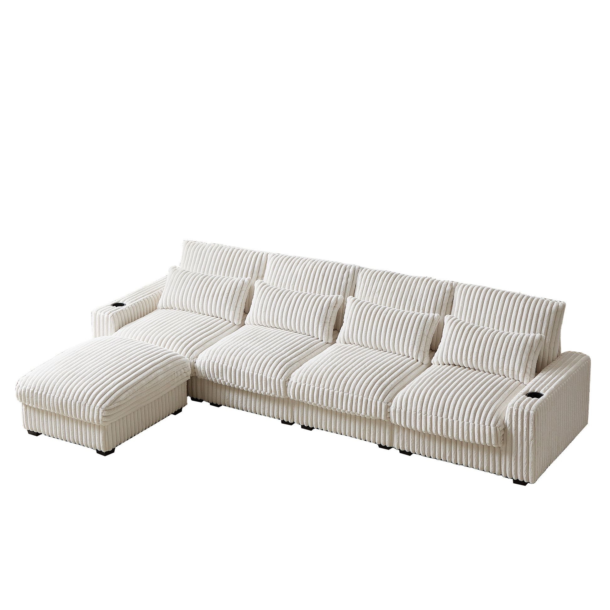 Cream corduroy sectional sofa with chaise and cupholders