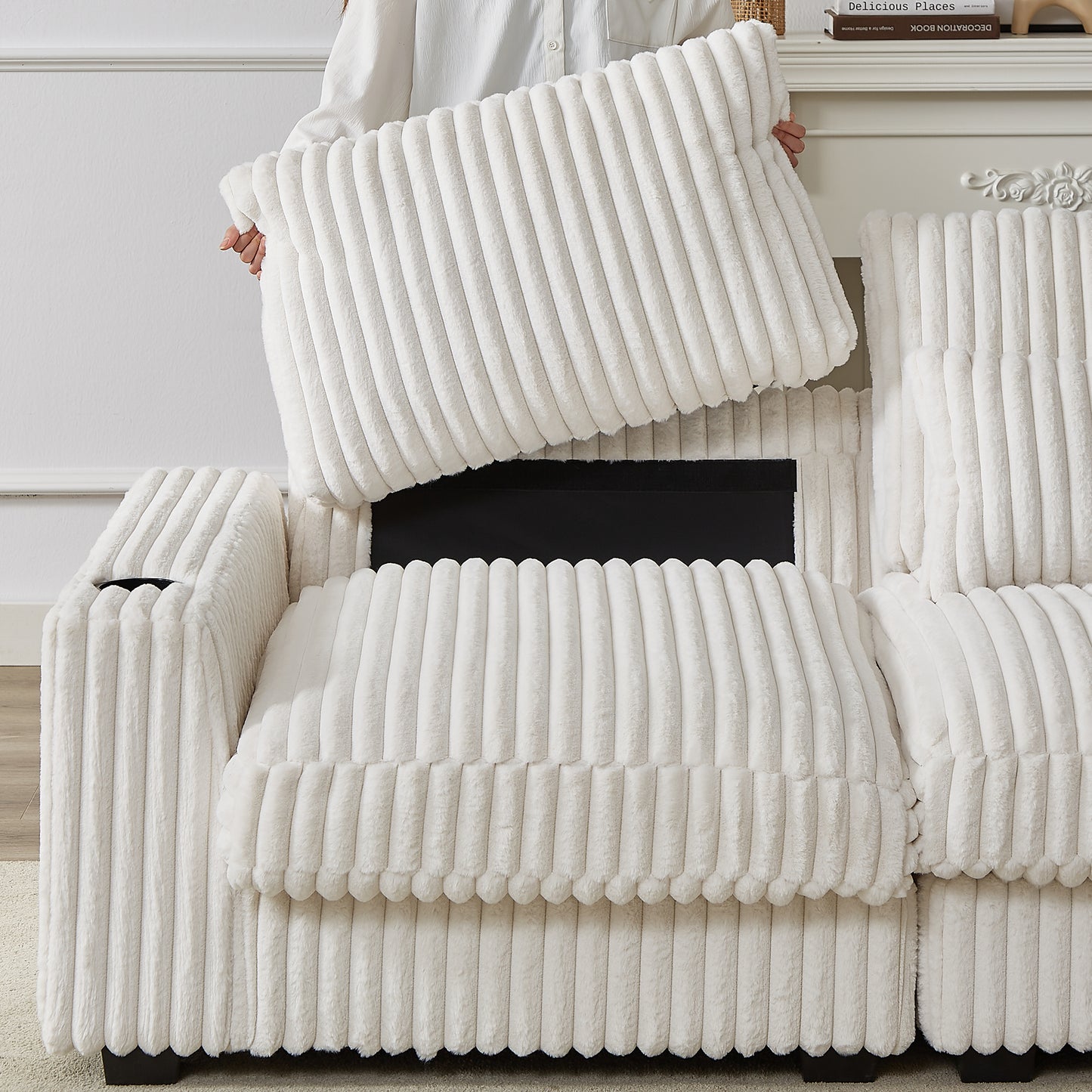White corduroy sofa cushion with plush texture