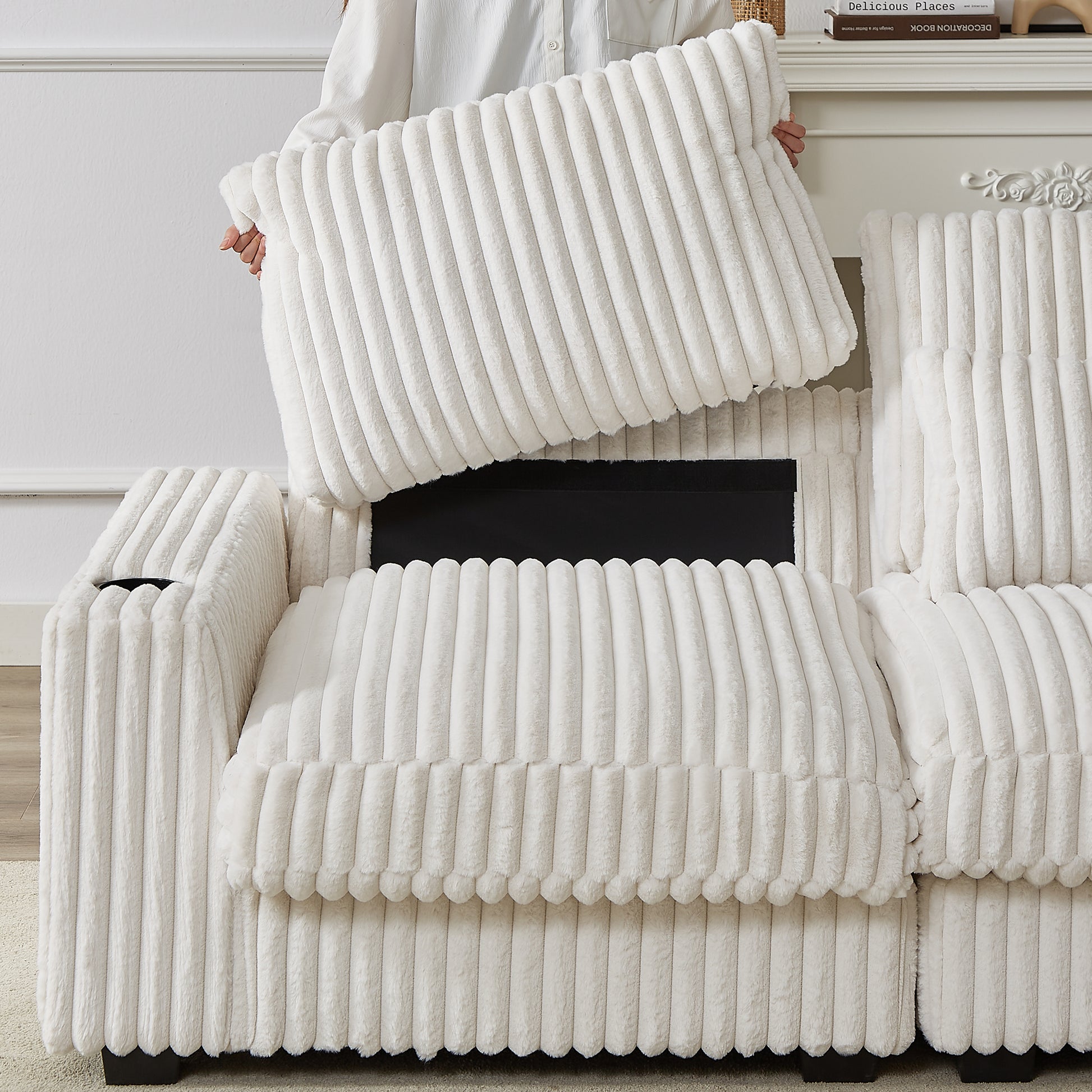 White corduroy sofa cushion with plush texture