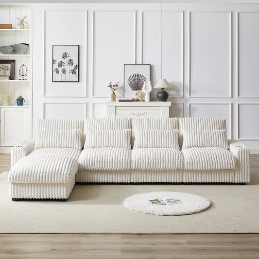Plush white corduroy sectional sofa with deep cushions perfect for modern living rooms