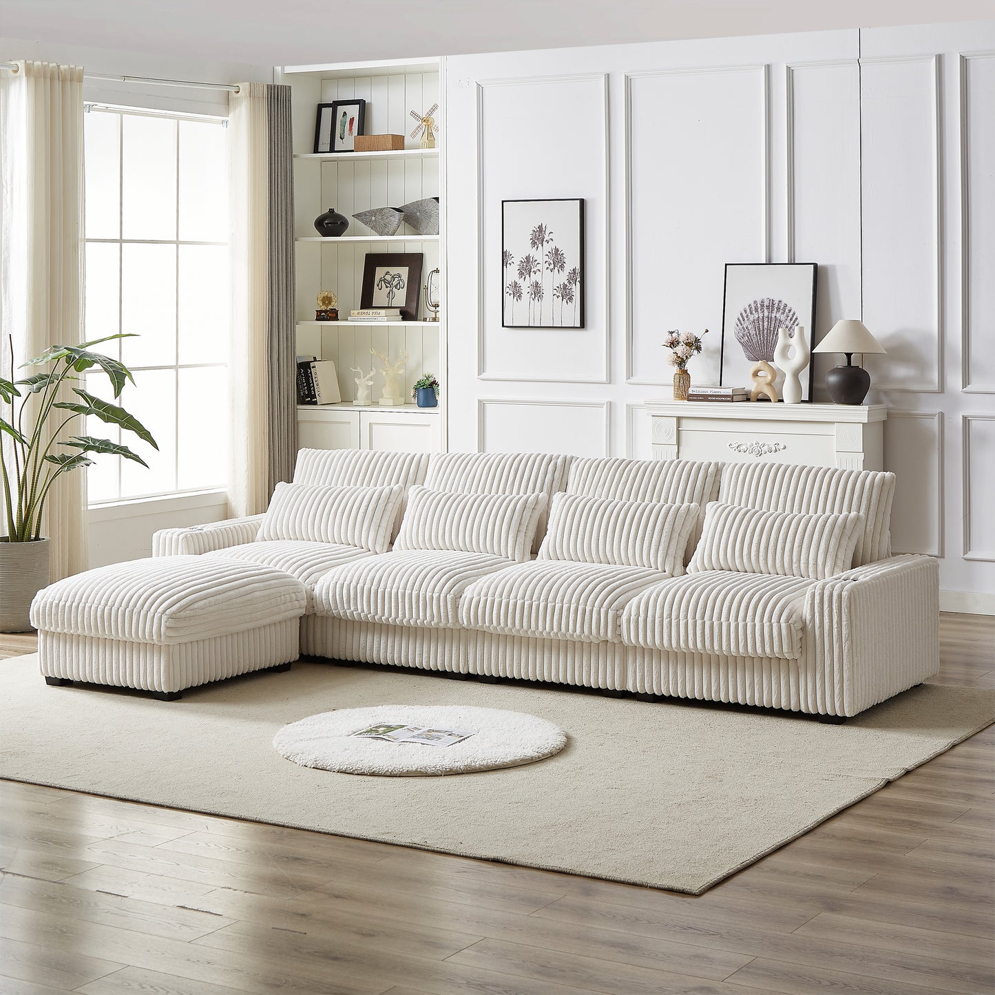 Cream corduroy sectional sofa with chaise lounge and plush cushions for modern living rooms