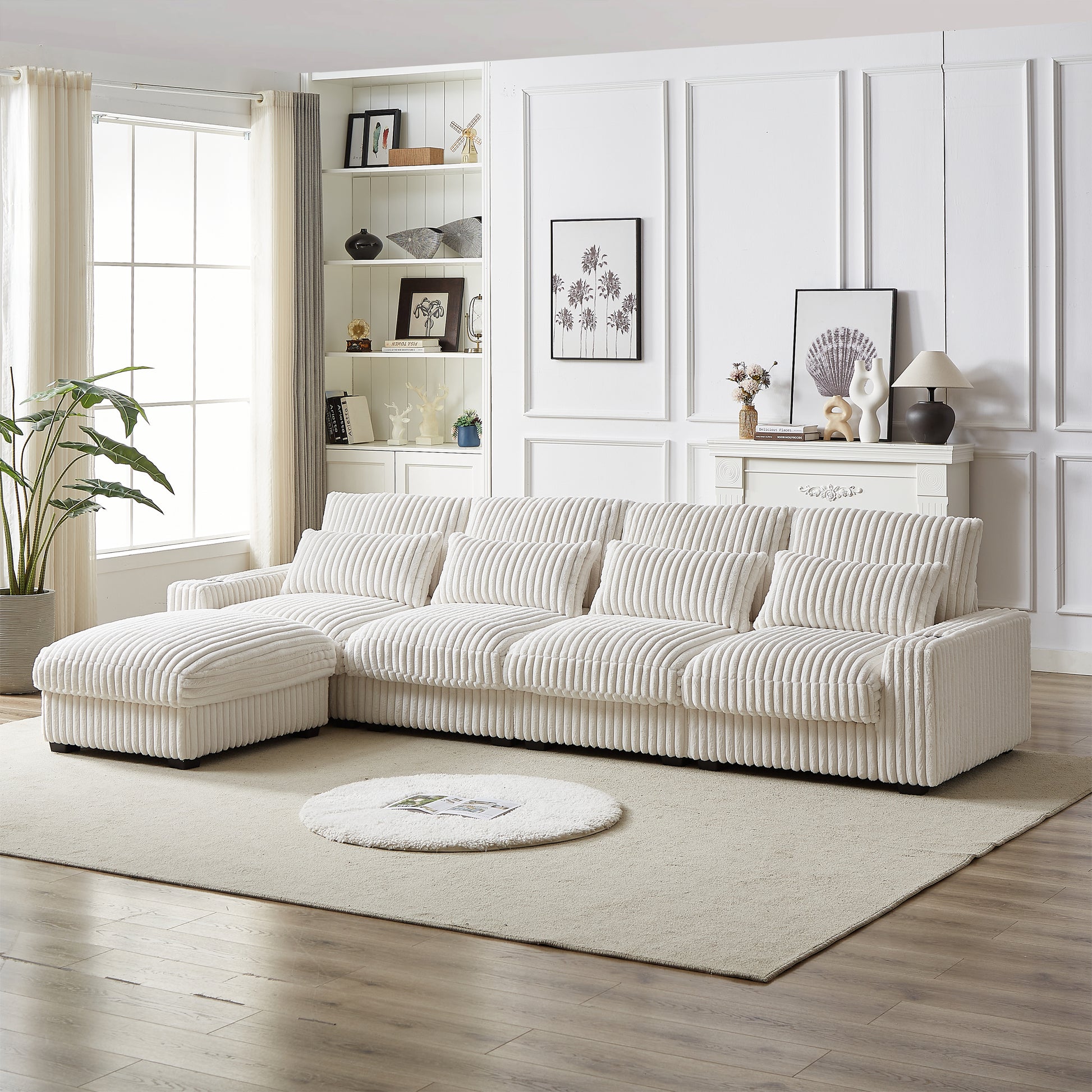 Cream corduroy sectional sofa with chaise lounge and plush cushions for modern living rooms