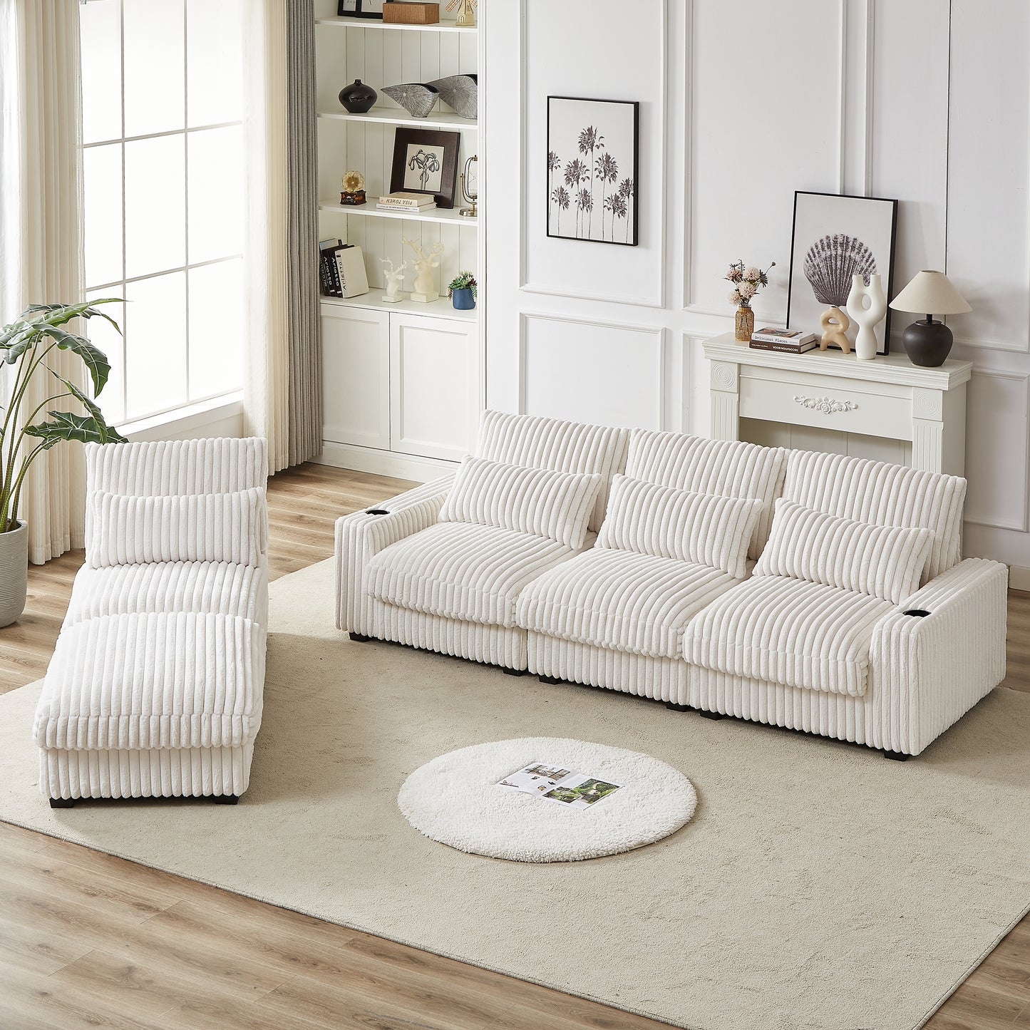 White corduroy sofa set with chaise lounge and cup holders