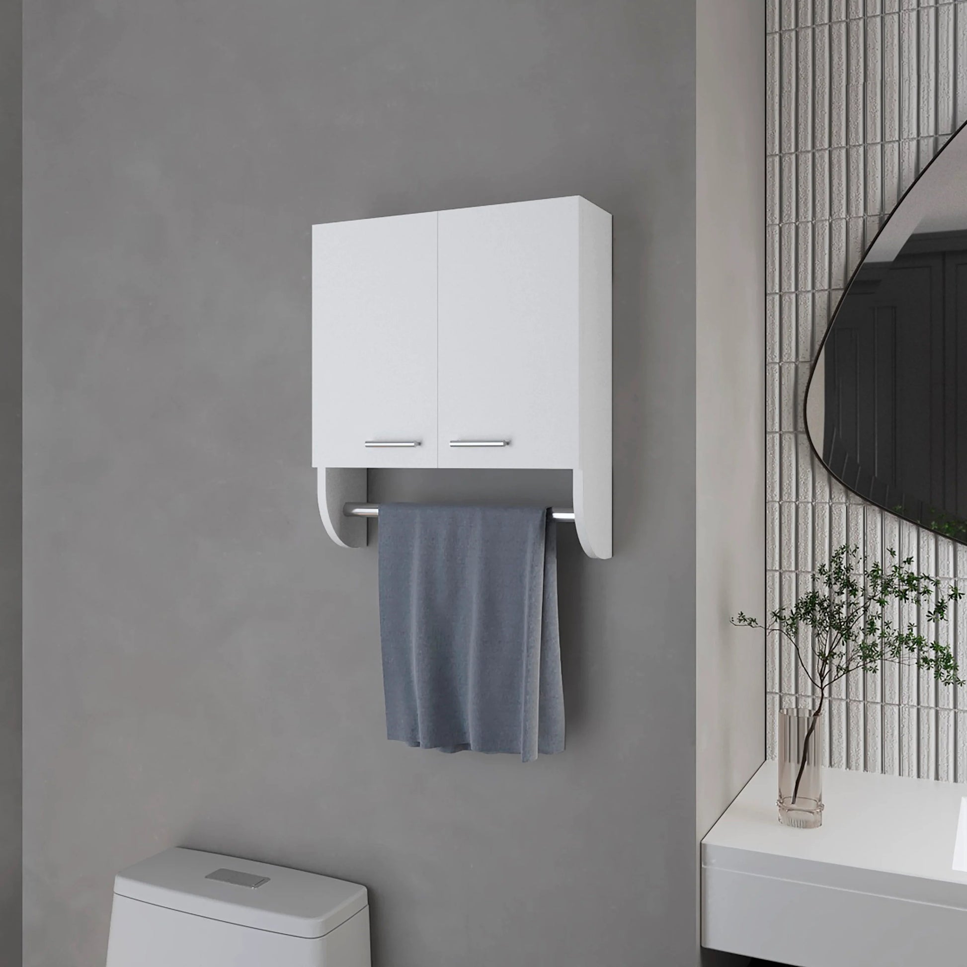 White dualdoor bathroom medicine cabinet with chrome bar for towel
