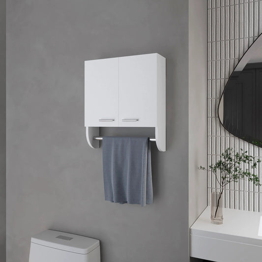 White dualdoor bathroom medicine cabinet with chrome bar for towel