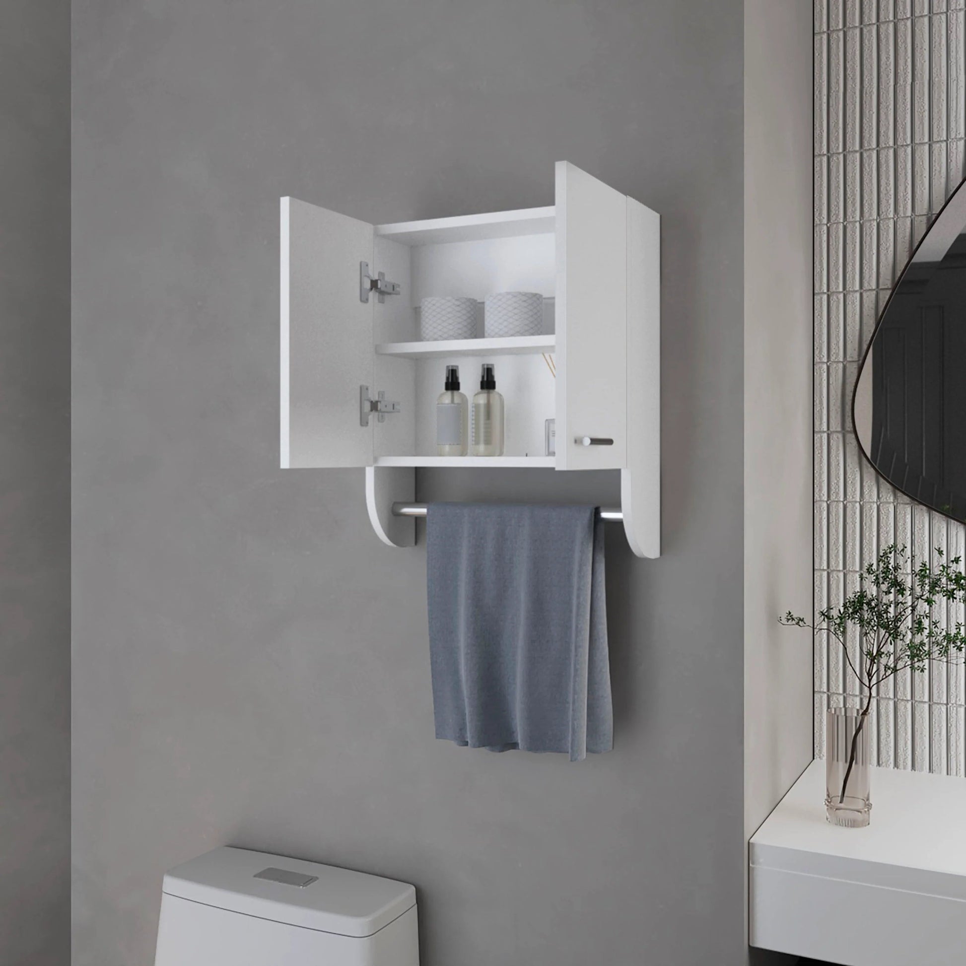 White modern bathroom medicine cabinet with open doors and towel bar