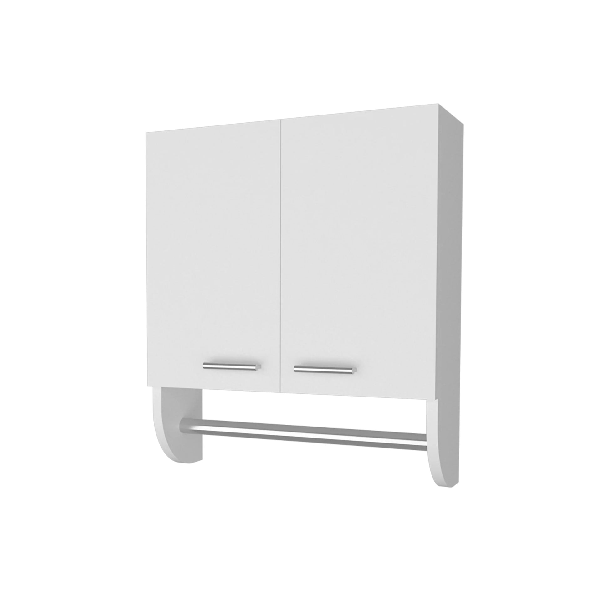 White twodoor bathroom cabinet with chrome handles and towel bar