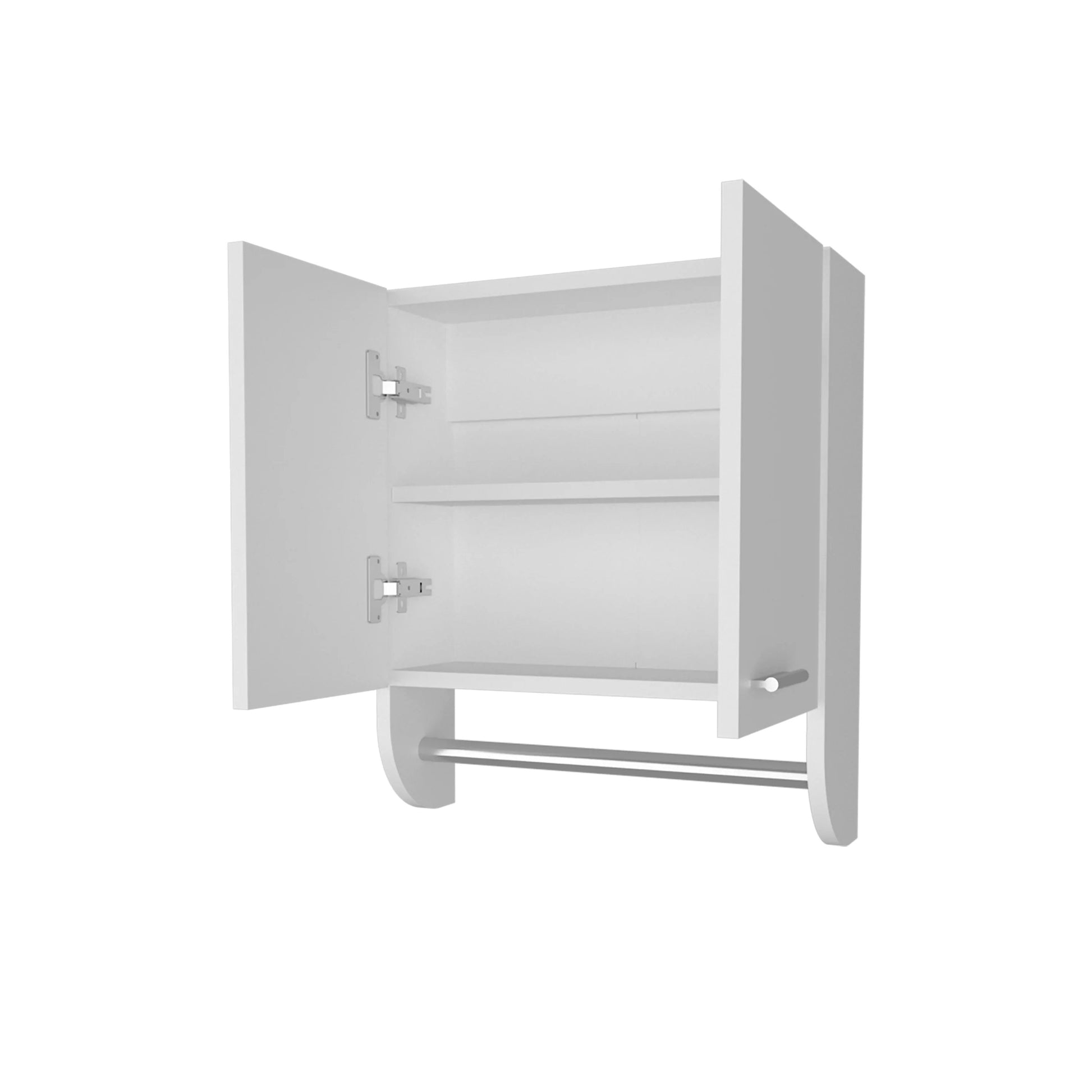 White wallmounted bathroom cabinet with open doors and towel bar