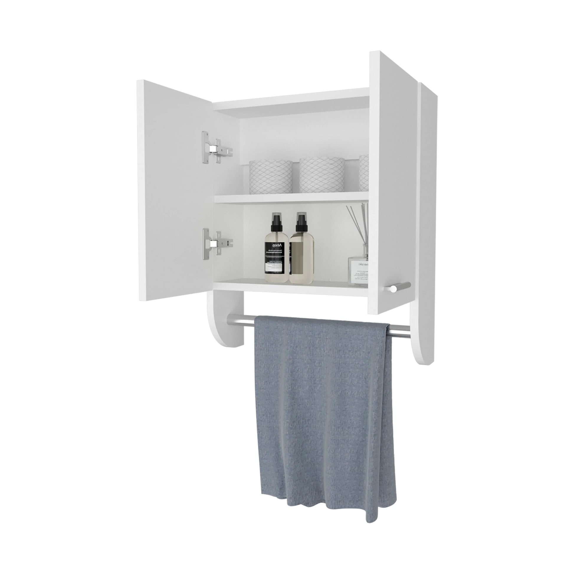 White modern bathroom cabinet with open doors and towel rail