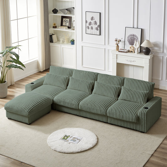 Sage green corduroy sectional sofa with reversible chaise and plush cushions perfect for living rooms