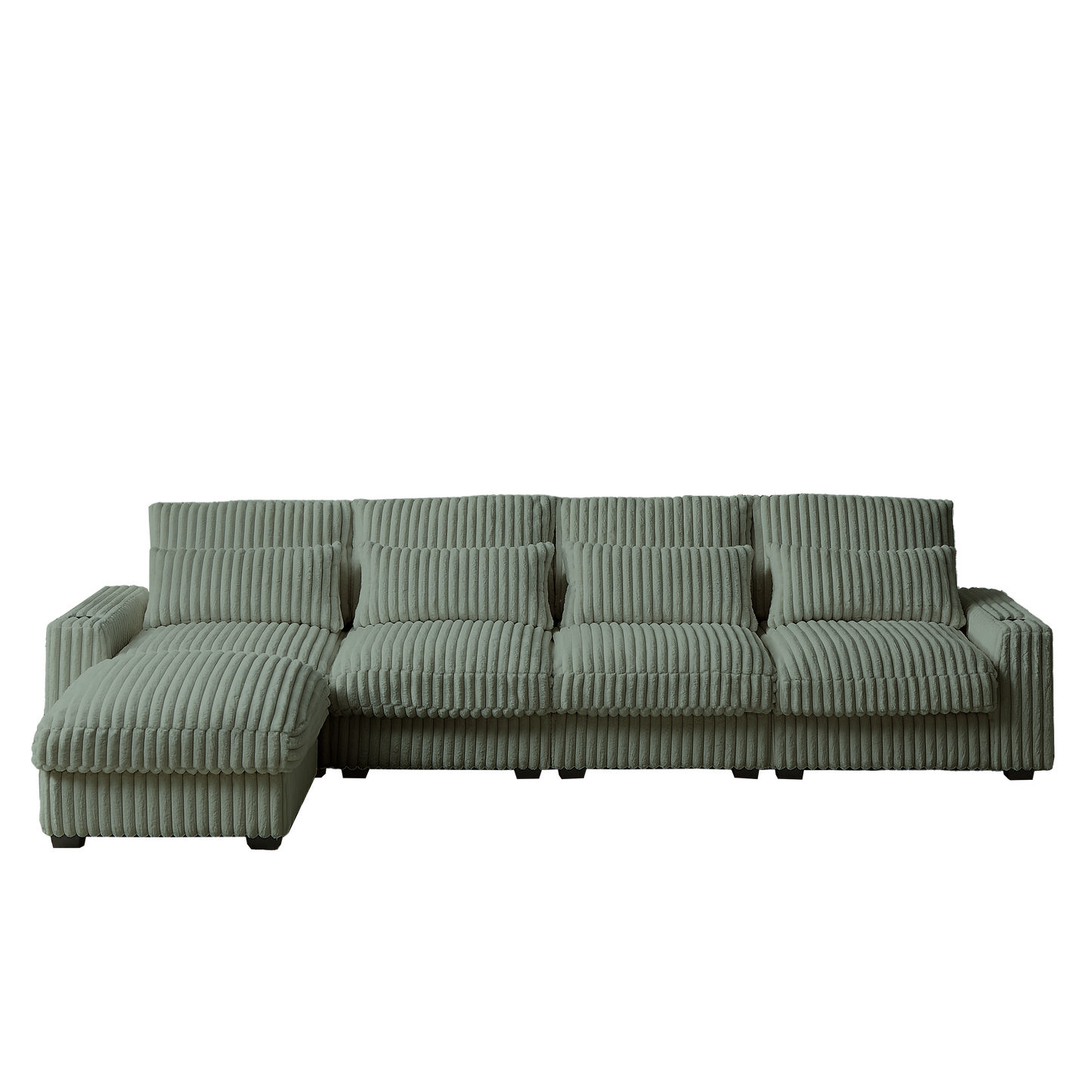 Sage green corduroy sectional sofa with plush cushions and chaise lounge